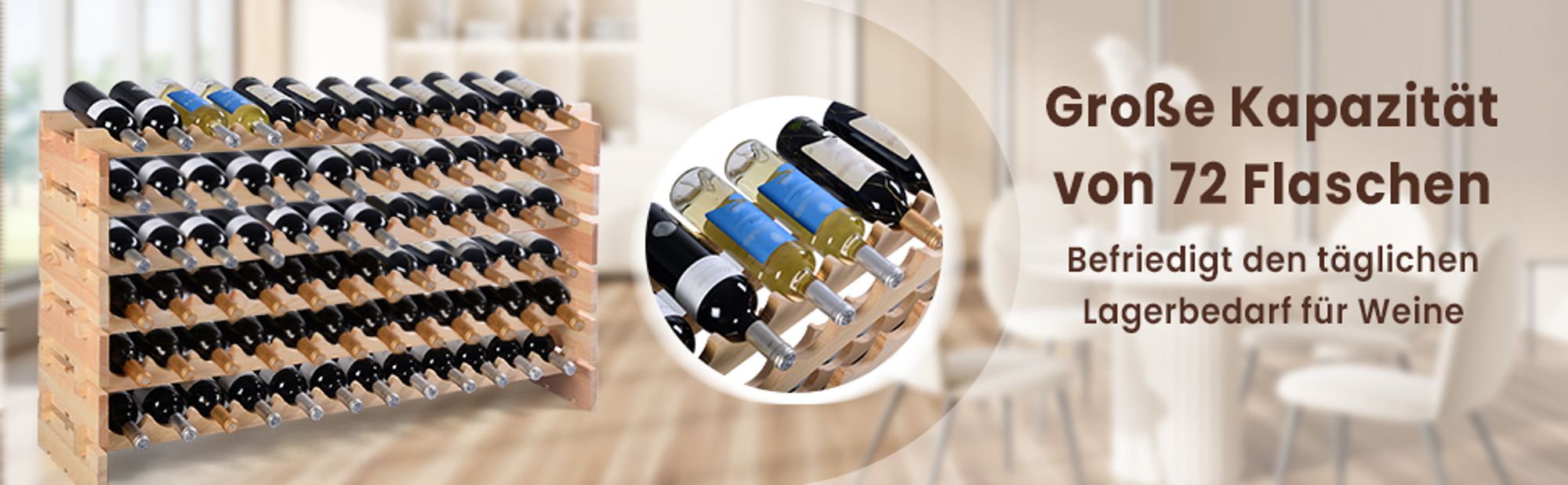 Viel Platz, flexible Nutzung: Platzsparendes Design mit 6 Etagen und fasst 72 Weinflaschen.