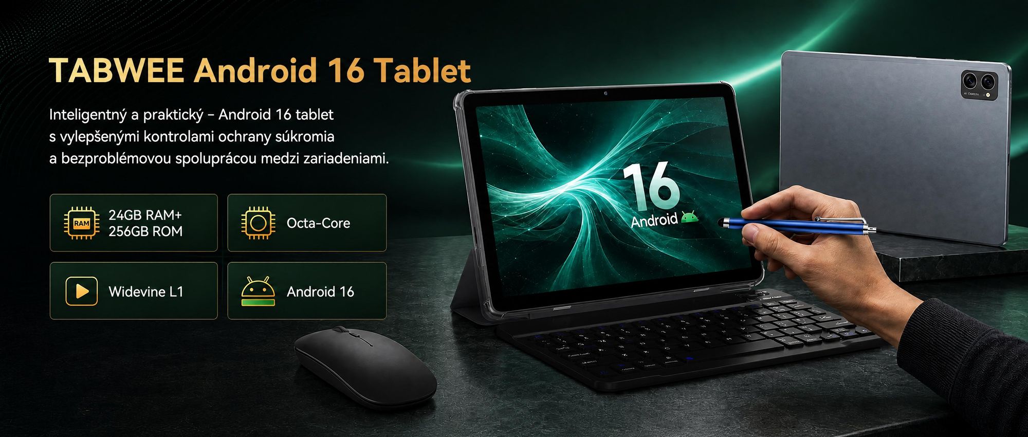 Tablet TABWEE T20 s operačným systémom Android 16, uhlopriečka 10,1 palca, 24 GB (8 + 16) RAM + 256 GB ROM (2 TB TF) s príslušenstvom, tablet PC, Widevine L1, 5G, Wi-Fi, Gemini AI