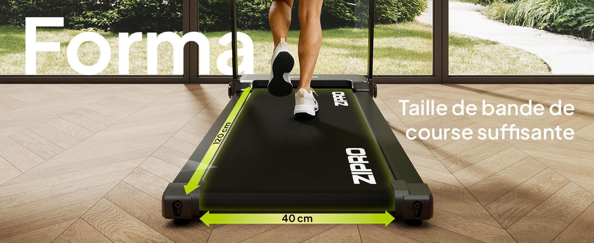 Tapis de course électrique ZIPRO Forma | Pliable sous le lit | 1-12 km/h | Bande 120x40 cm | Amortissement Reel Feel | Zwift Kinomap | jusqu'à 120 kg