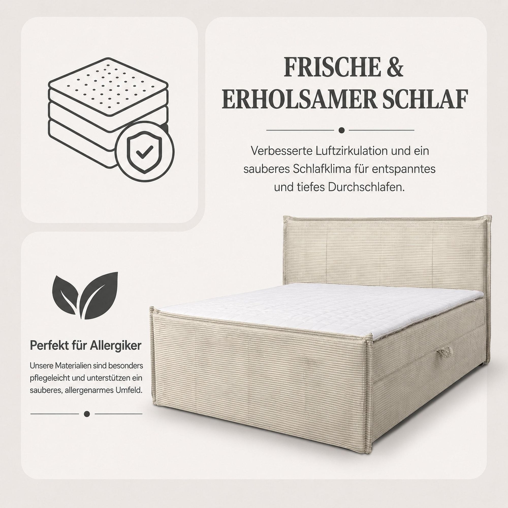 VENASI VANESSA Boxspringbett 140x200 mit 2 Bettkasten H2/H3 Matratze BEIGE CORD Lincoln 03