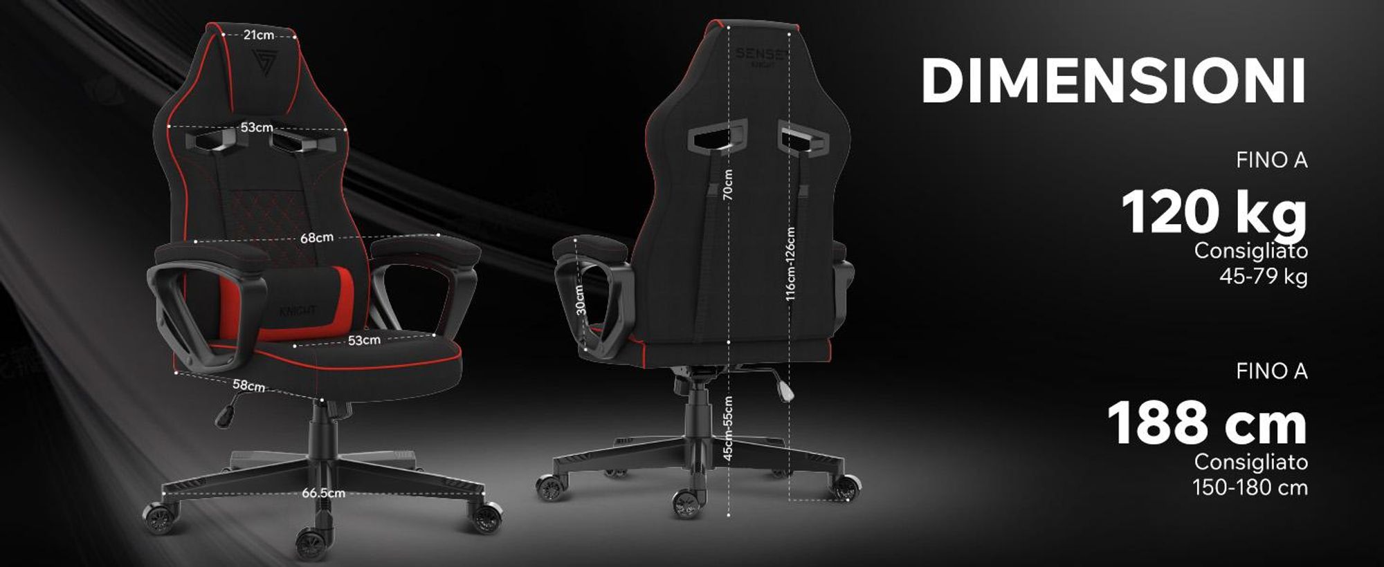 Sedia da gioco SENSE7 Knight in tessuto nero-rosso - Sedia da ufficio ergonomica Sedia da scrivania Sedia da computer Sedia da gaming Sedia da corsa 120 kg