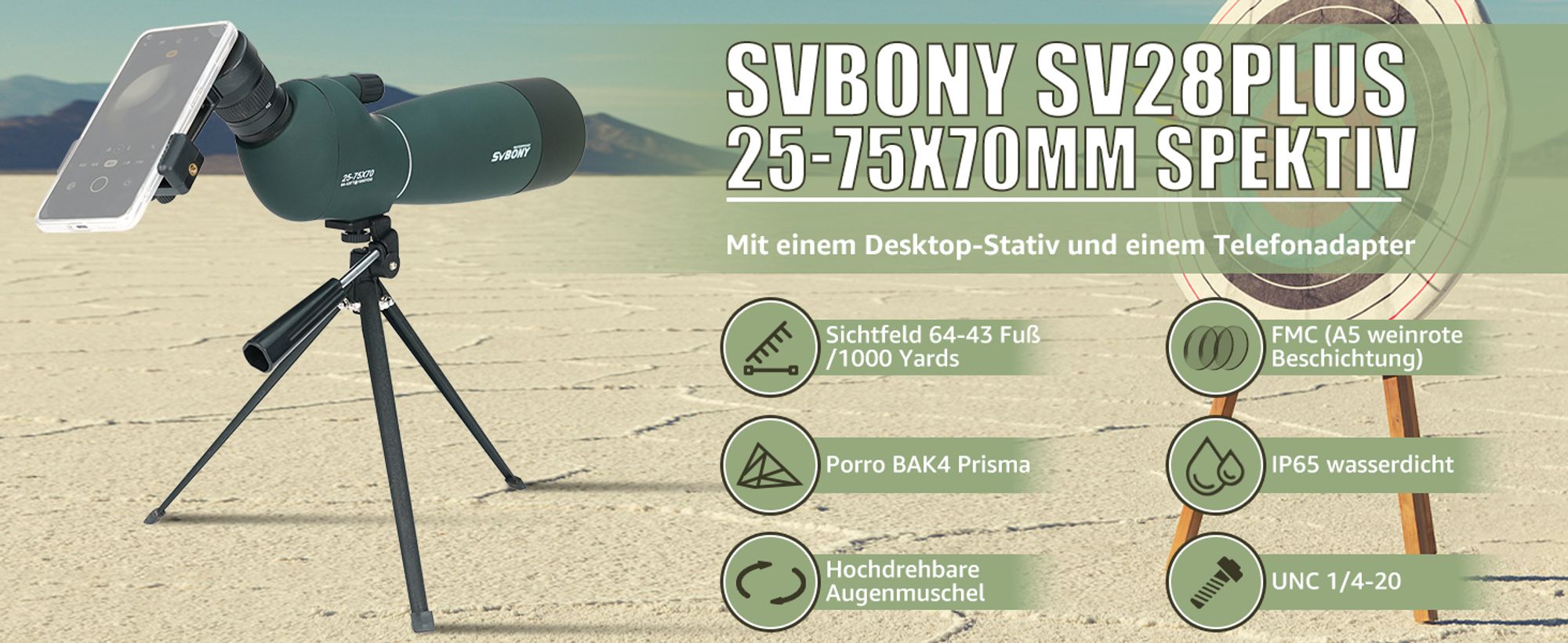 Svbony SV28PLUS Monokular Spektiv, 25-75×70mm BAK4 FMC Objektiv, mit Telefonadapter Stativtasche, für Vogelbeobachtung, Astronomie