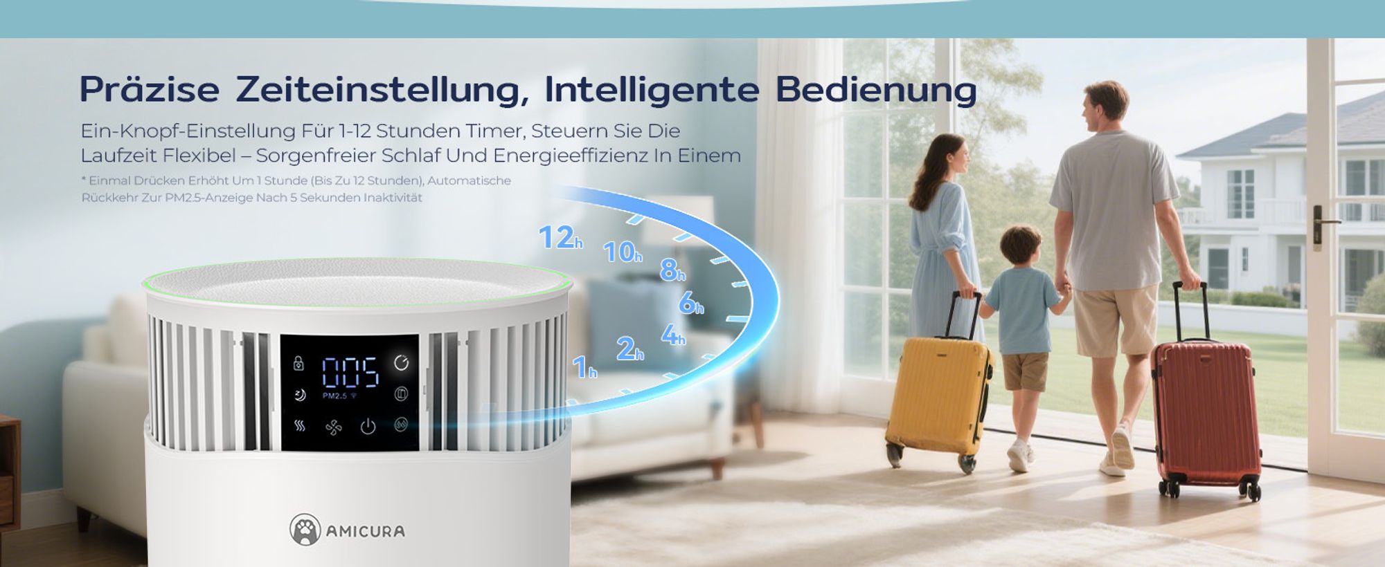 Amicura P2 Luftreiniger für Haustierallergiker, 843m³/h Tierhaarentfernung, 450 CADR - 99% Geruchsneutralisation, H13 Filter, App-Steuerung