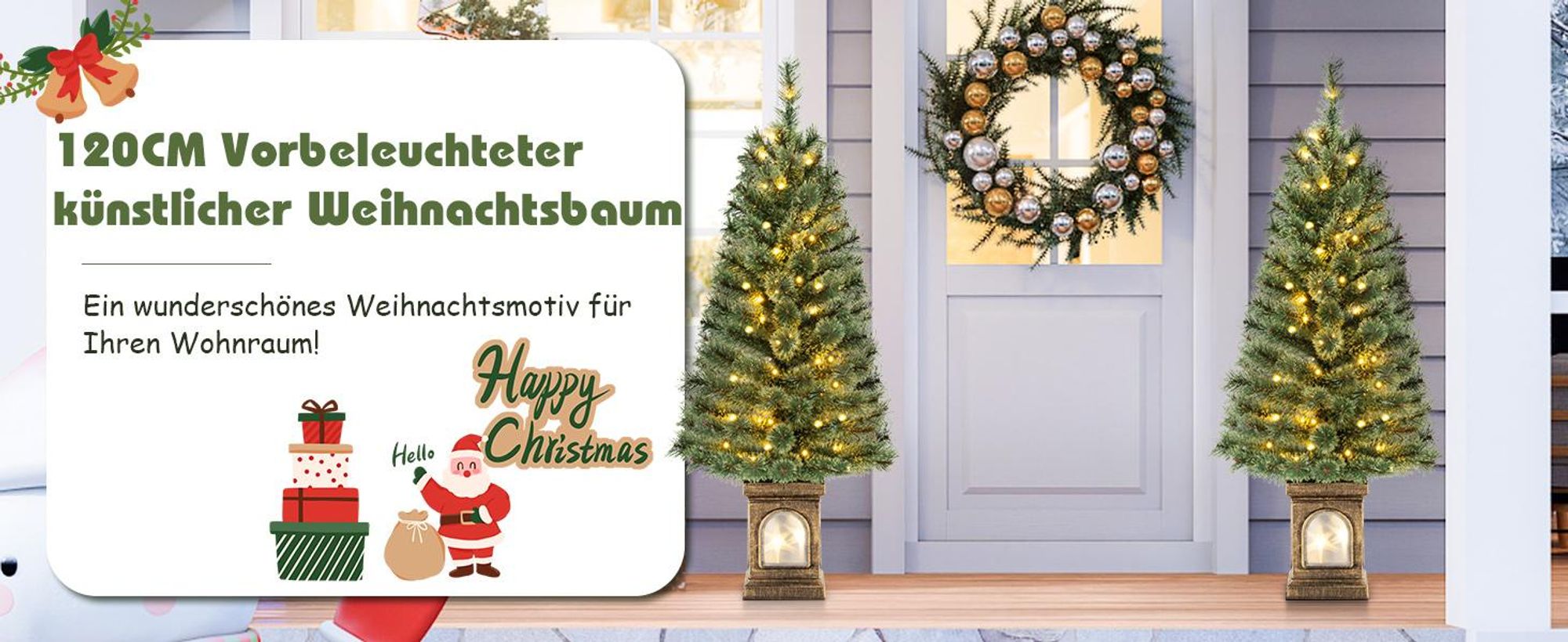 COSTWAY 120 cm künstlicher Weihnachtsbaum mit Beleuchtung, Tannenbaum im Topf, mit warmweißen LED-Lichtern & Timer & 116 PVC Zweigspitzen, Topfbaum für Eingang Haus Büro, Grün