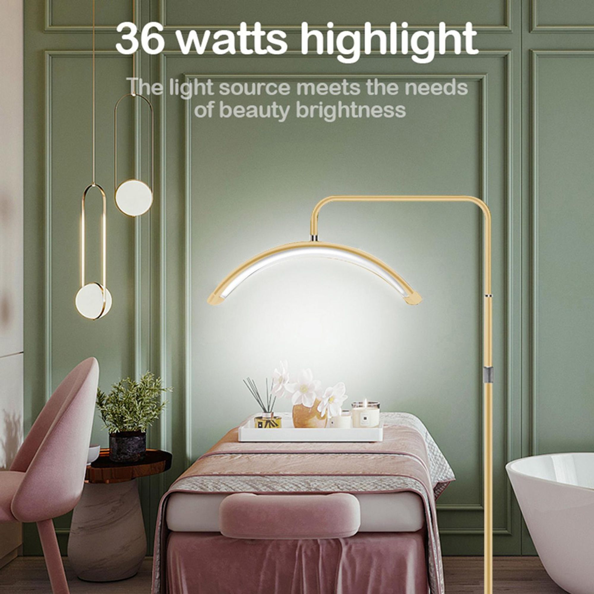 Andoer HD-M6X 36 W Boden-LED-Videoleuchte, halbmondfoermiges Fuelllicht, 3200 K-5600 K, dimmbar, mit 180 cm Metall-Lichtstativ, Telefonhalter, Fernbedienung fuer Schoenheitssalon, Make-up, Live-Streaming, Nachttischlampe