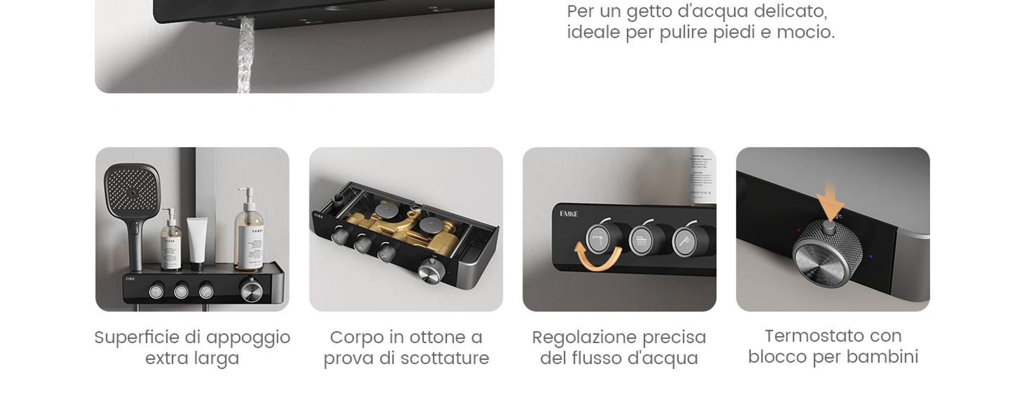 Sistema doccia EMKE con termostato Colonna doccia antracite opaca con doccia a pioggia quadrata 360×240 mm, bocca da bagno, regolatore di flusso e mensola in vetro F27