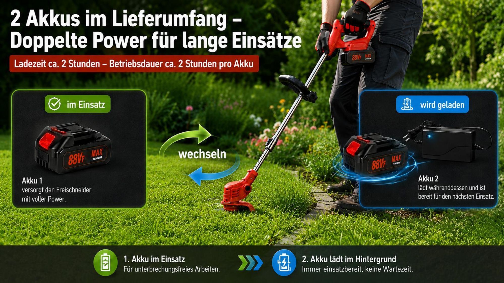 Akku Rasentrimmer mit 2 Akkus & Ladegerät, 3 in 1 Freischneider akku, 18000 U/min, Teleskopstiel 90-120cm, für Garten & Hof