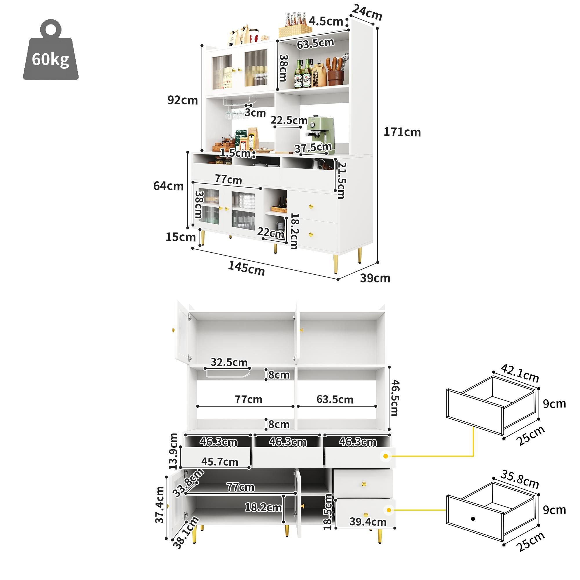 Flieks Küche Hochschränke Küchenbuffet mit Glastür, Küchenschränke Buffet mit Weingestell, Buffetschrank Highboard mit Offenen Staufächern, Weiß