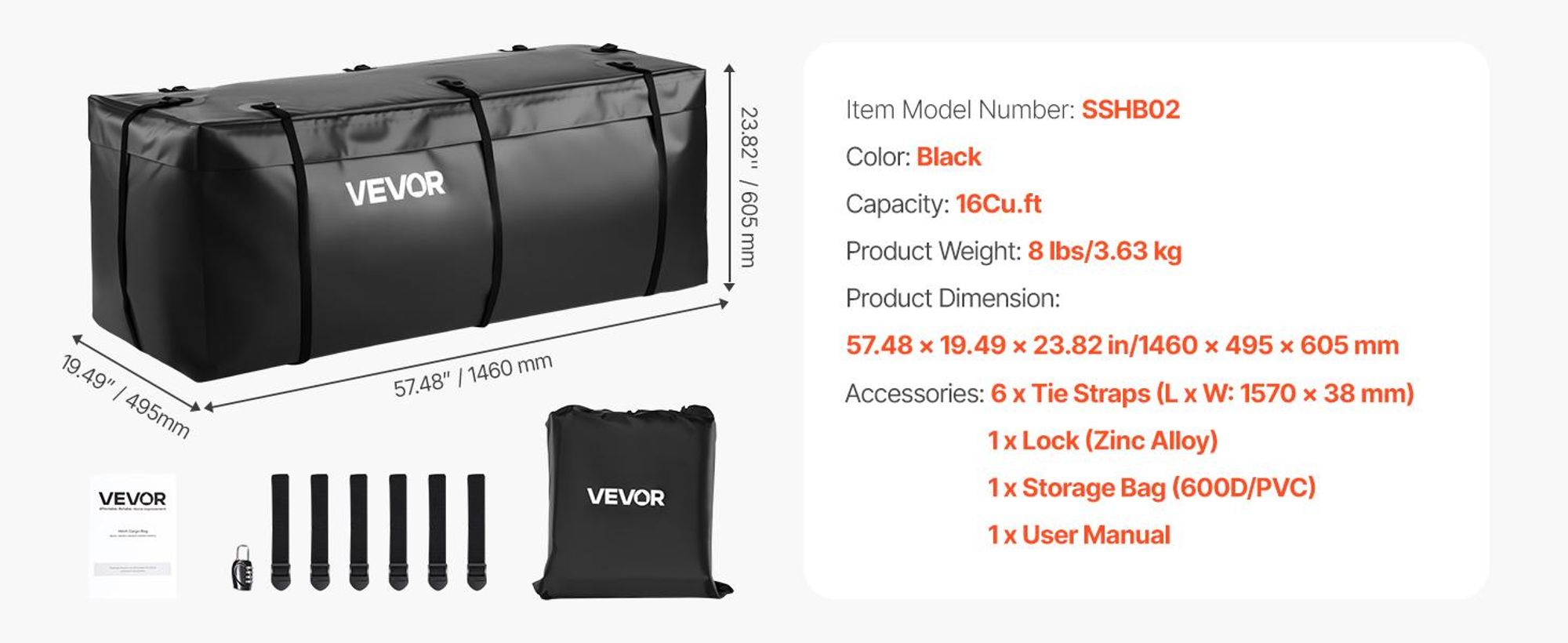 VEVOR Anhängerkupplungs-Laderaumtasche, wasserdicht 840D PVC, 60,24 x 24,02 x 35,94 Zoll (30 Kubikfuß), strapazierfähige Laderaumtasche für die Lagerung im Lkw-Bett mit verstärkten Riemen, geeignet für Auto SUV Vans Anhängerkorb, 16 Cu.ft, Hohe Konfiguration-b