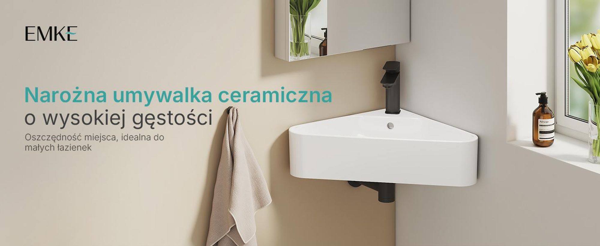 EMKE Umywalka narożna ścienna ceramiczna 560x340mm Biały połysk Trójkątna umywalka ścienna z przelewem i otworem na baterię do WC dla gości i małych łazienek