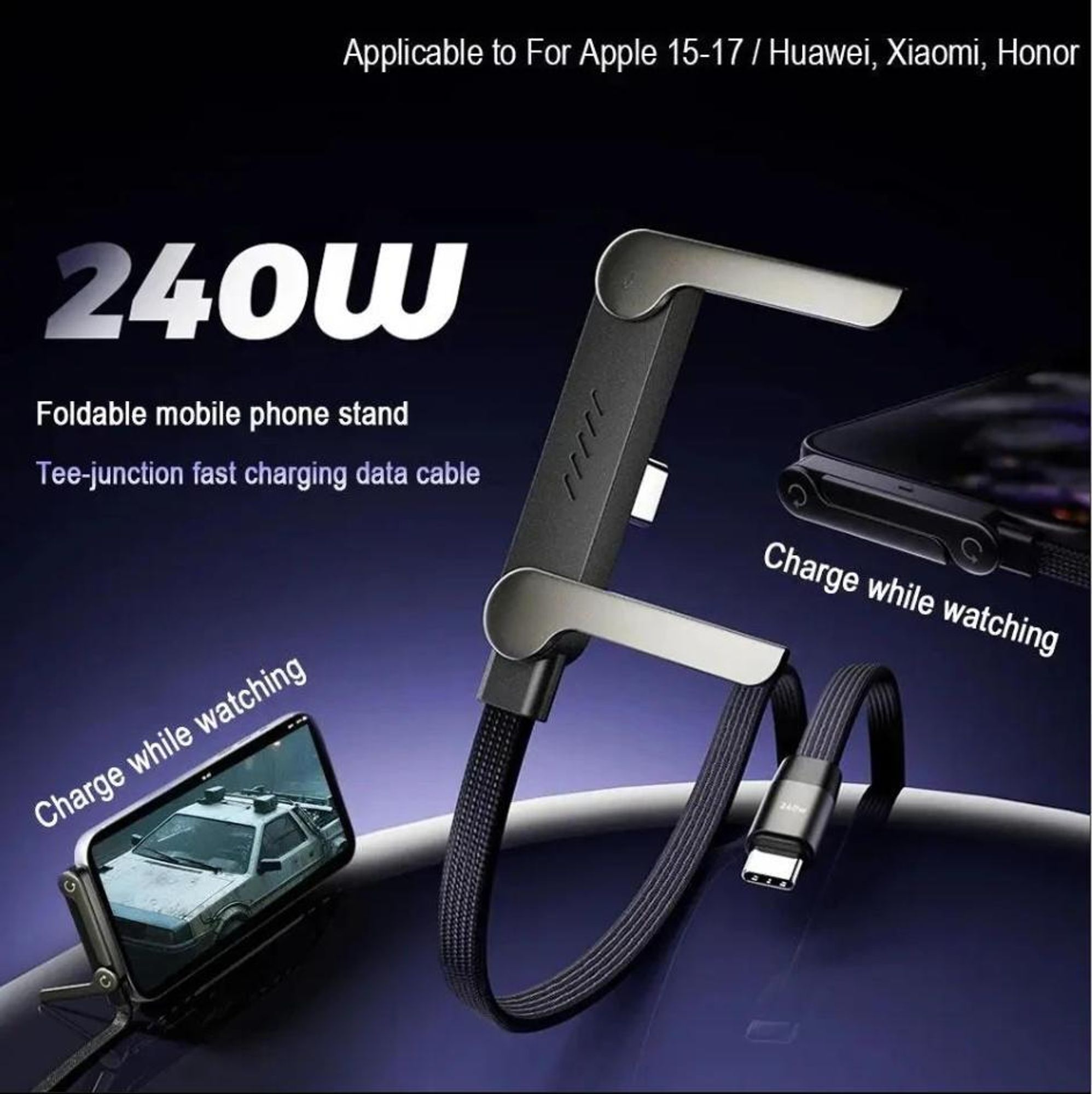 2-teiliges faltbares Ladekabel mit integriertem Ständer Schnellladekabel für Smartphone und Tablet 240 W ultraschnelles Datenkabel Smartphonehalterung