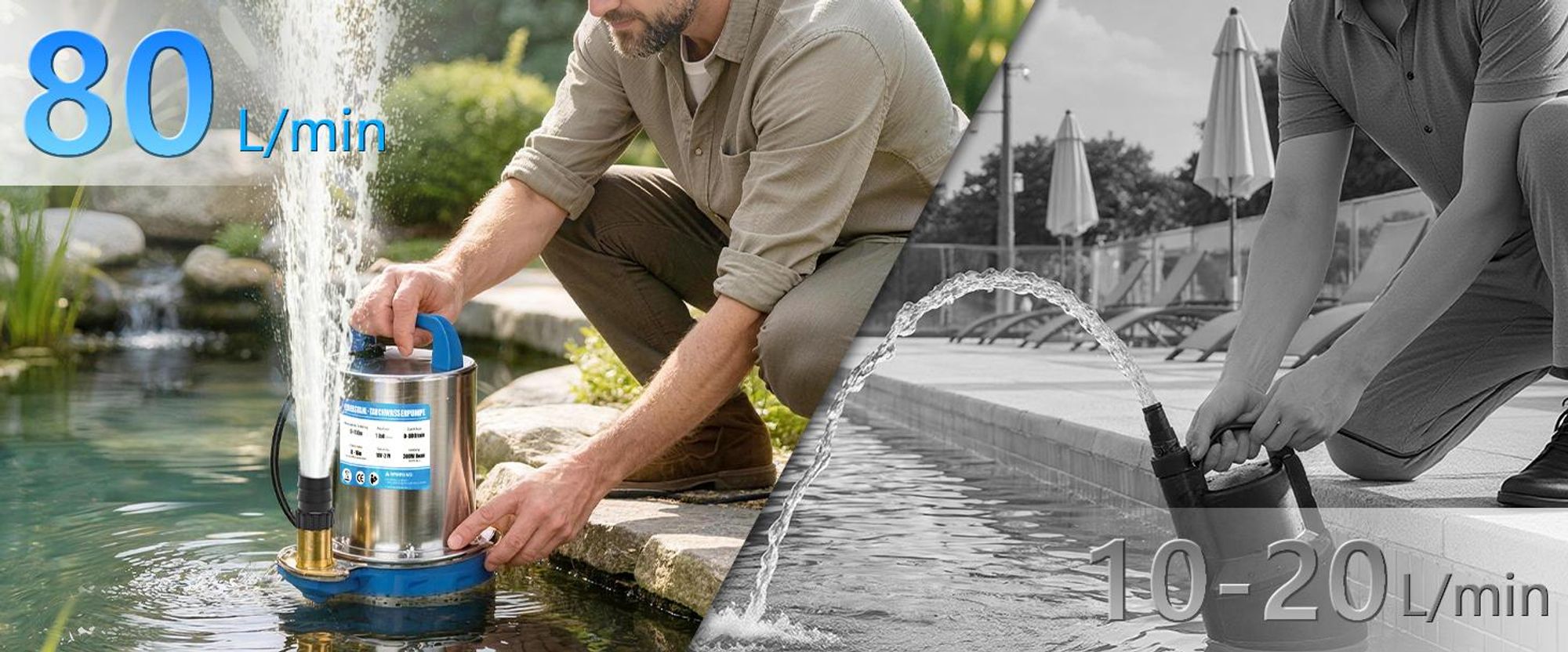 Akku Tauchpumpe mit 2×4Ah Doppel-Akku-Konstruktion 16m Förderhöhe 500W Klarwasserpumpe 80 L/min 4M Kabellänge Edelstahl Schmutzwasserpumpe Wasserpumpe