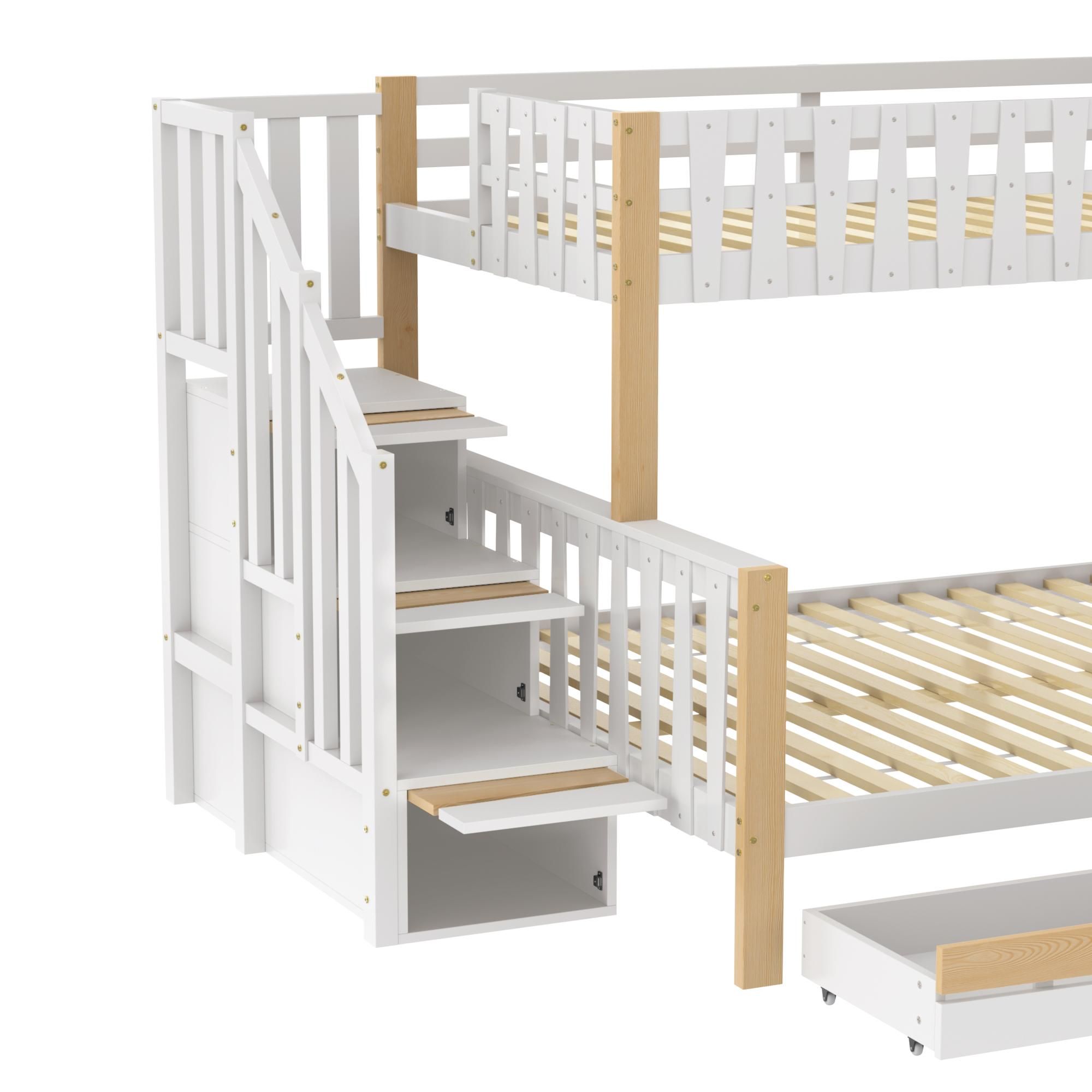 Flieks Etagenbett 90x200cm / 140x200cm, Kinderbett Hochbett mit Schubladen, Hausbett mit seitlichem Regal, Stockbett Holzbett 2 Kinder, Naturbelassen