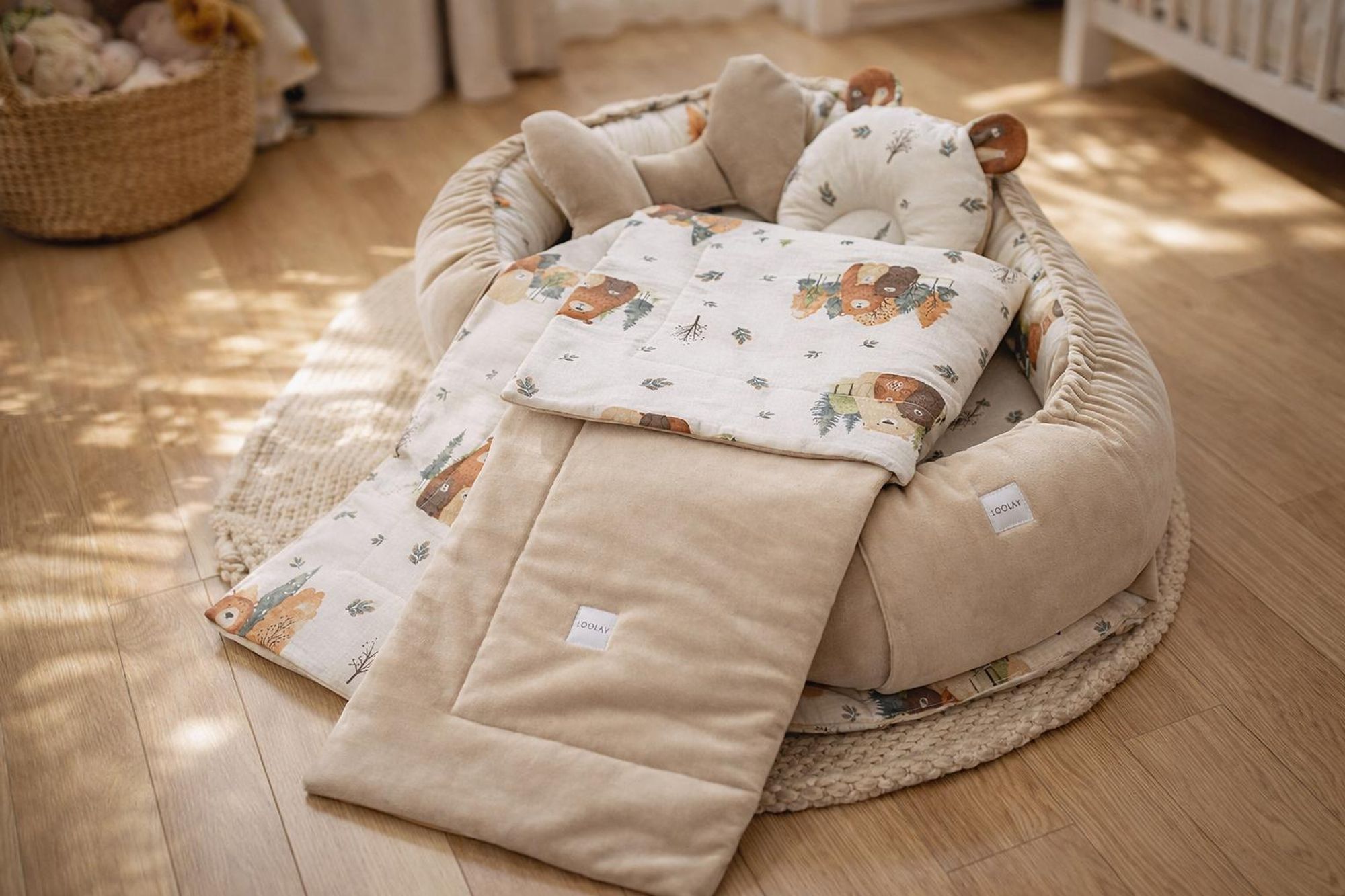 BABYNEST SET 5 tlg. BEIGE Samt Velour/ Beige Bärchen Familie Baumwolle