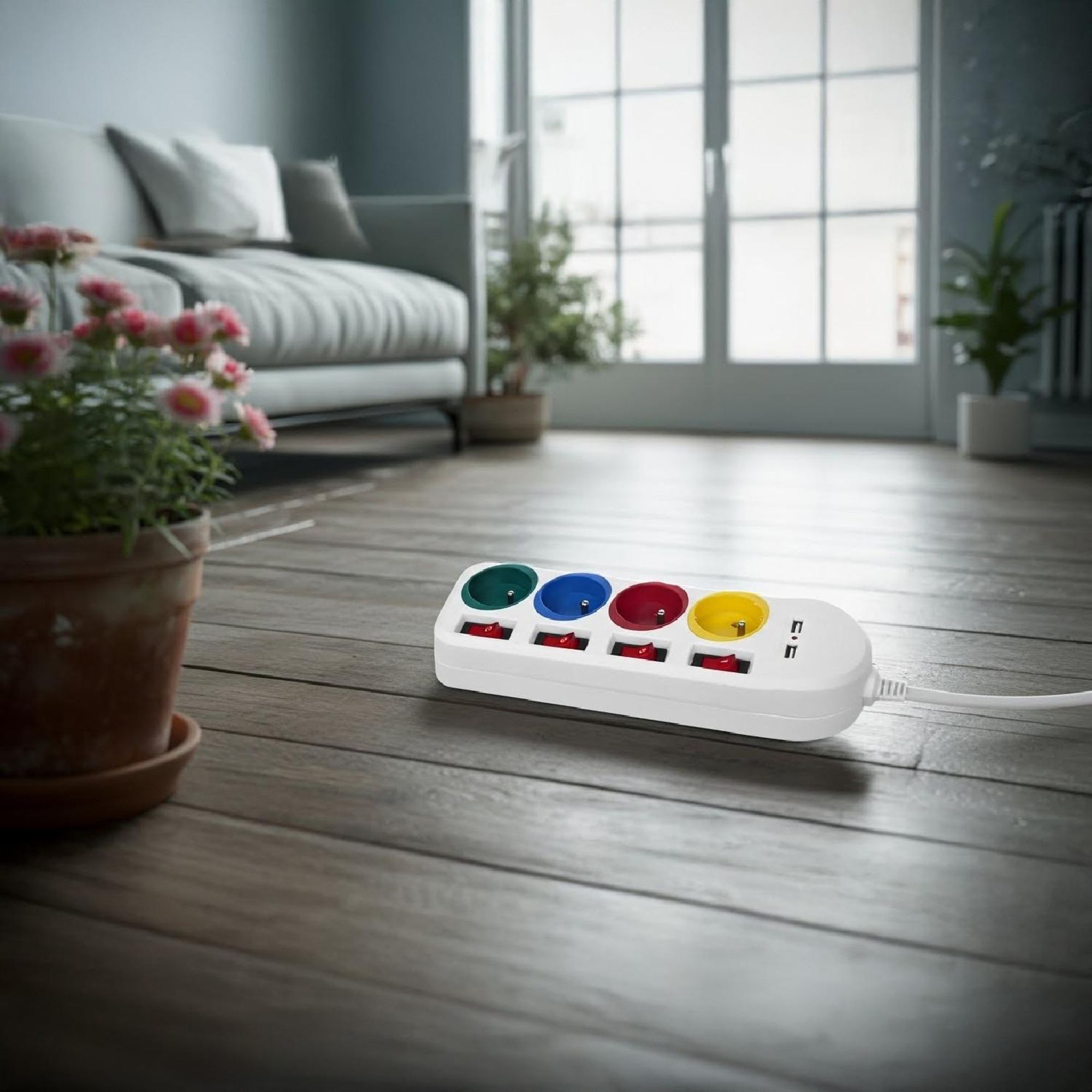 Maclean Steckdosenleiste  4-Steckdosen-Verlängerungskabel + 2xUSB  mit Schalter  250VAC/10A  2 1A 5V  1 5m  weiß  MCE229 W