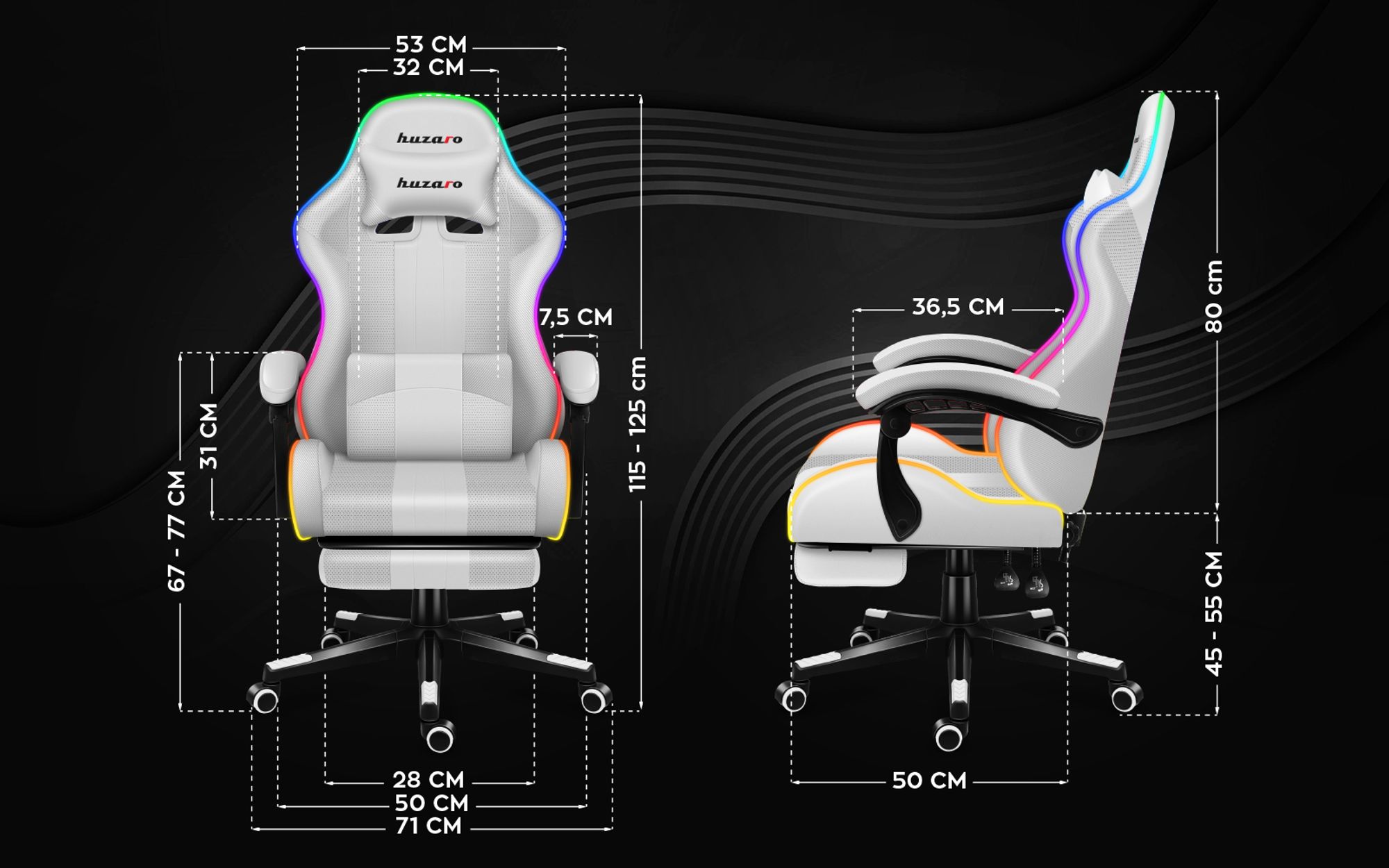 Huzaro Force 4.7 RGB | LED Gaming Stuhl Computerstuhl | 90-140° Neigungswinkel | Kopfstütze Lendenkissen Höhenverstellbar Fußstütze | 140 kg | Weiß