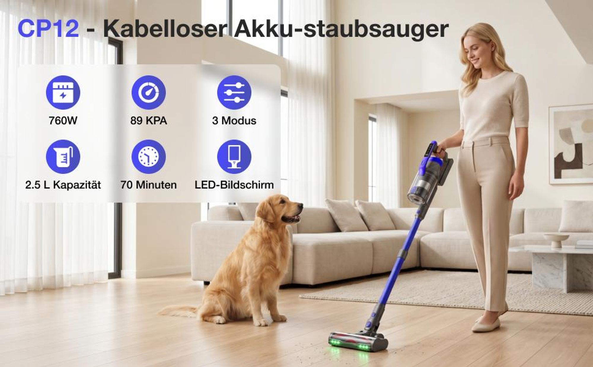 Akku staubsauger 89000 Pa,750W/70mins staubsauger kabellos,2.5L Staubbehälter,LCD-Display, abnehmbarer Akku