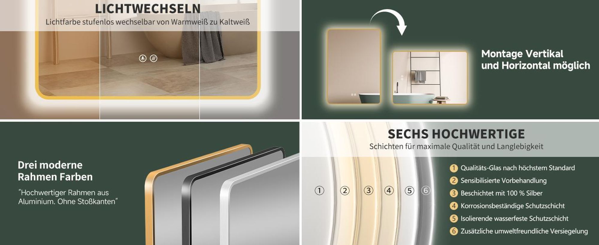 HOKO Badspiegel Antibeschlag LED 60x80cm mit Rahmen HOCH+QUER Montage Touch Schalter+Licht Wechsel Warmweiß-Kaltweiß-Neutral Wandschalter einschaltbar