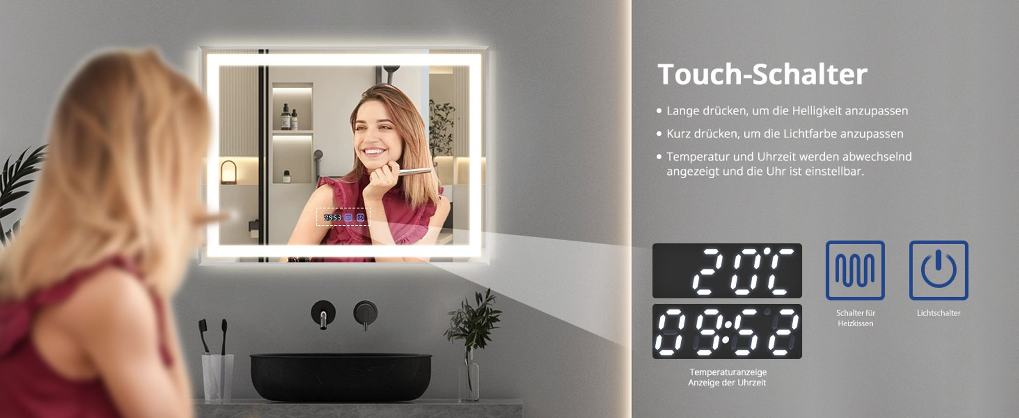 Puluomis Badspiegel 80x60 beschlagfrei mit 3 Farbe Beleuchtung, dimmbare Helligkeit, Badezimmerspiegel mit Digitaluhr, Temperatur silber
