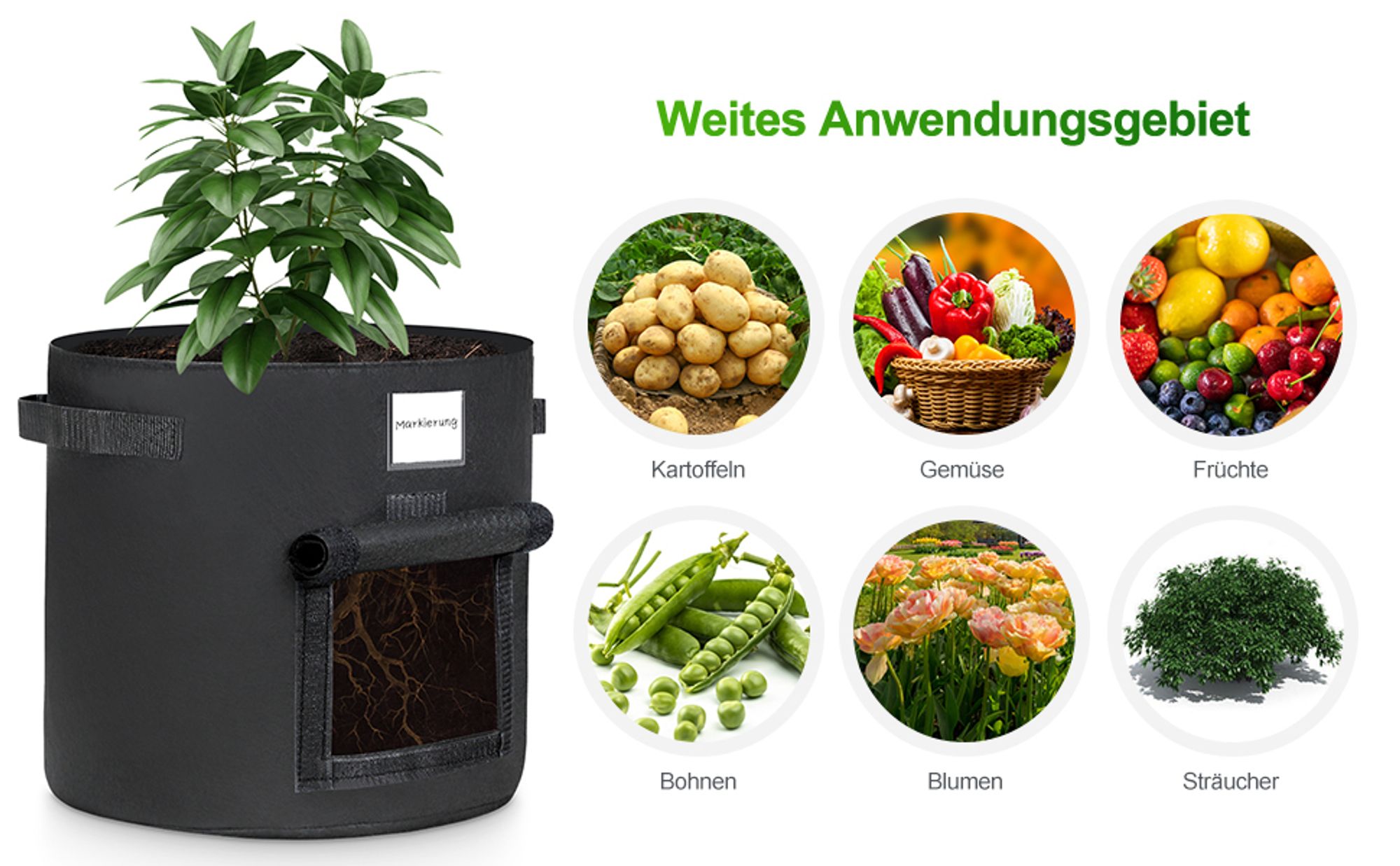 Pflanzsack 5X 60L aus Vliesstoff, Pflanzen Tasche mit 1 Gartenhandschuhe, Pflanztopf Pflanzensack für Kartoffeln,Tomaten, Blumen, Pflanzen, Gemüs