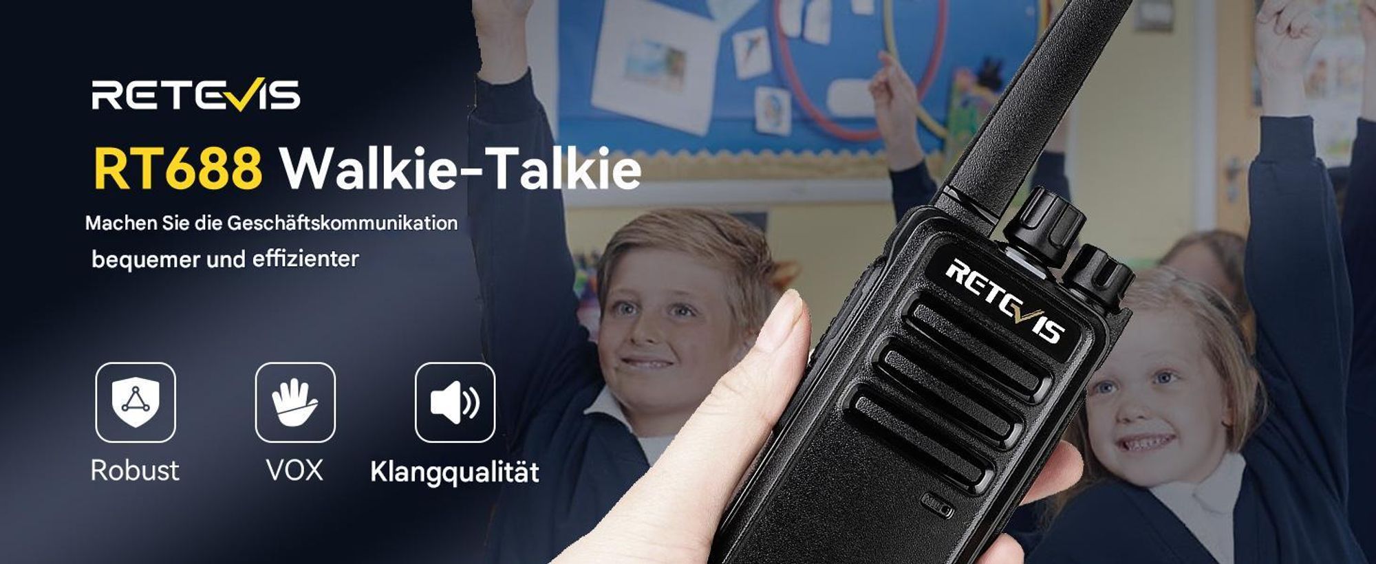 Retevis RT668 Funkgeräte Set mit Headset, Wiederaufladbares Walkie Talkie, VOX Squelch 16-Kanal CTCSS / DCS-TOT-Scan, Funkgerät für Schule Unternehmen Baustelle Supermarket (Schwarz, 10 Stück)