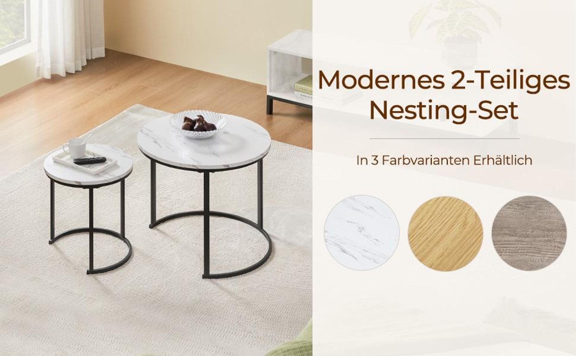 Yaheetech Couchtisch 2er Set, runder Beistelltisch Set, Sofatisch mit Metallgestell, Satztische für Wohnzimmer Schlafzimmer, Weiß