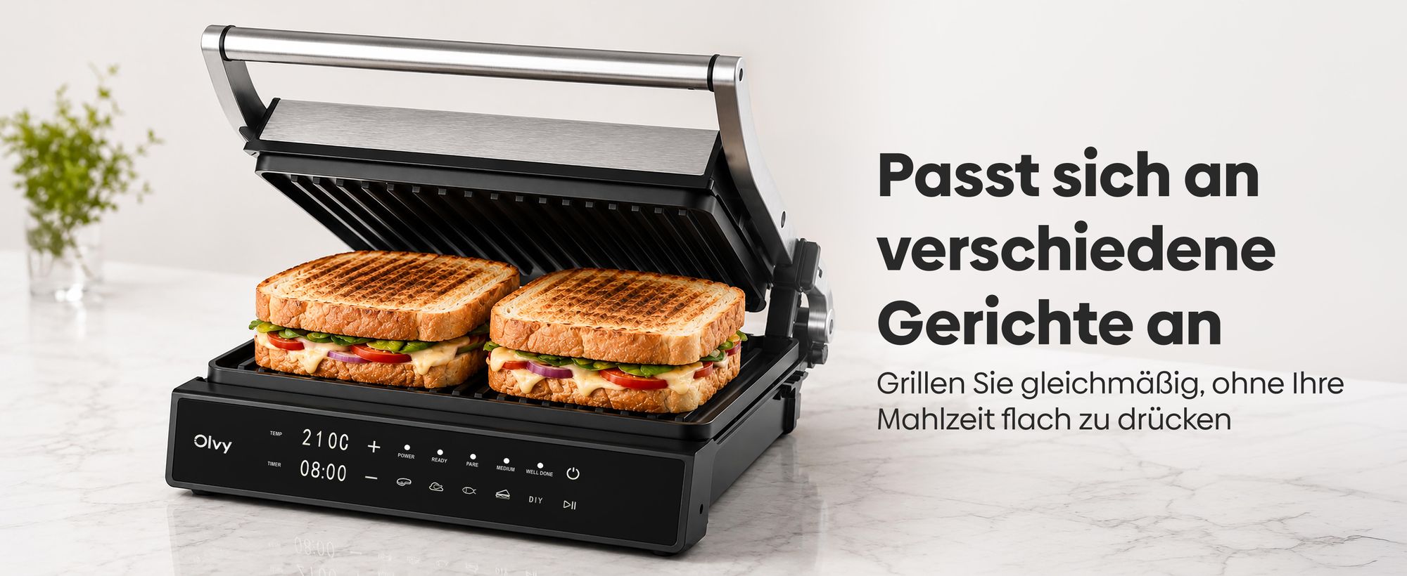 Olvy Kontaktgrill, 2000W, Elektrogrill Sandwichmaker, 5 Programme, Paninimaker, Grilltoaster indoor Grill, PFAS-freie Platten, Tisch Grill
