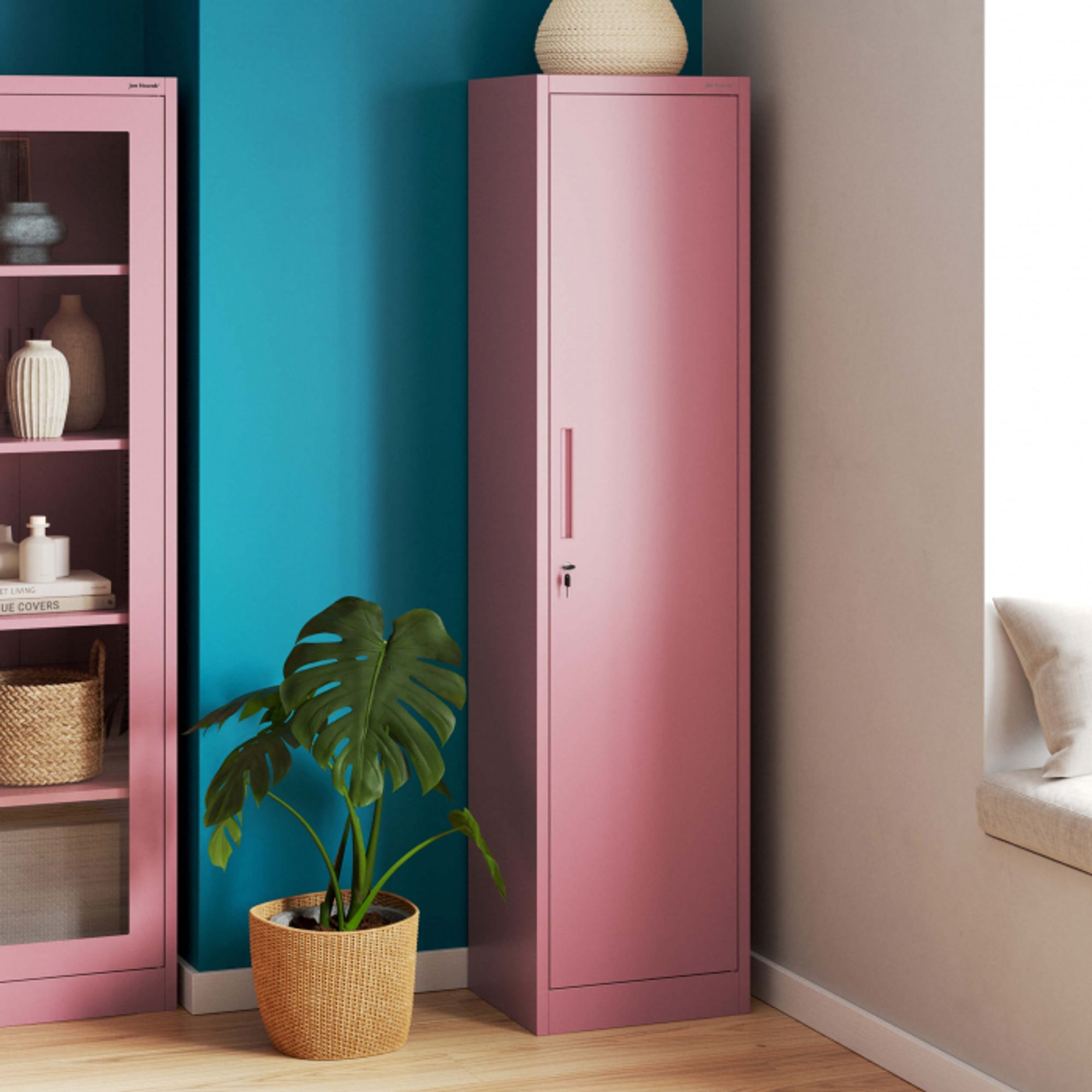 Büroschrank Aktenschrank Metallschrank Lagerschrank 4 Fachböden Flügeltür Pulverbeschichtung Stahlblech 185 cm x 45 cm x 40 cm Farbe: Rosa
