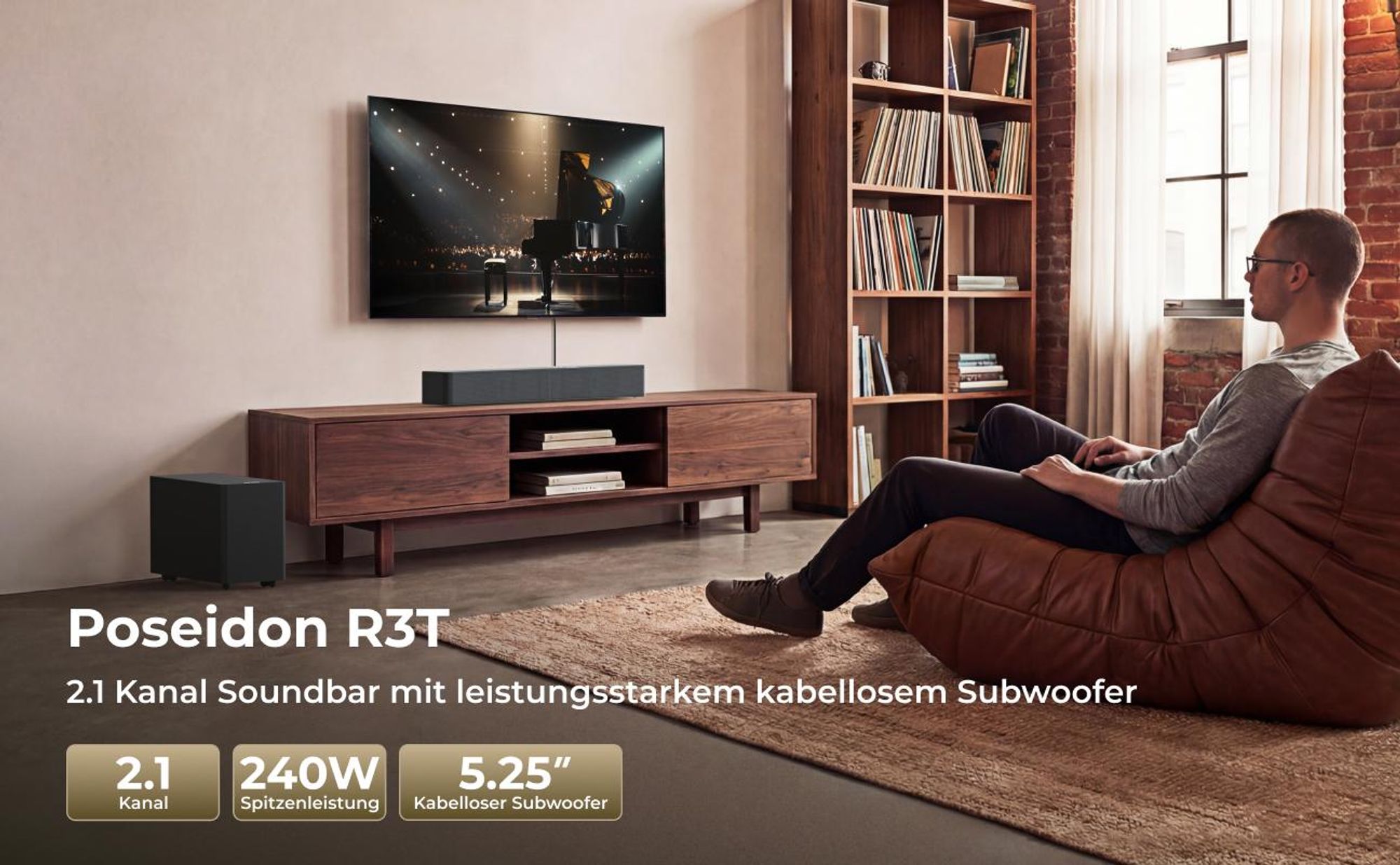 ULTIMEA 2.1-Kanal Soundbar mit kabellosem Subwoofer, 240 W Spitzenleistung, VoiceMX & BassMX, App-Steuerung, HDMI, Bluetooth® 6.0, Poseidon R3T