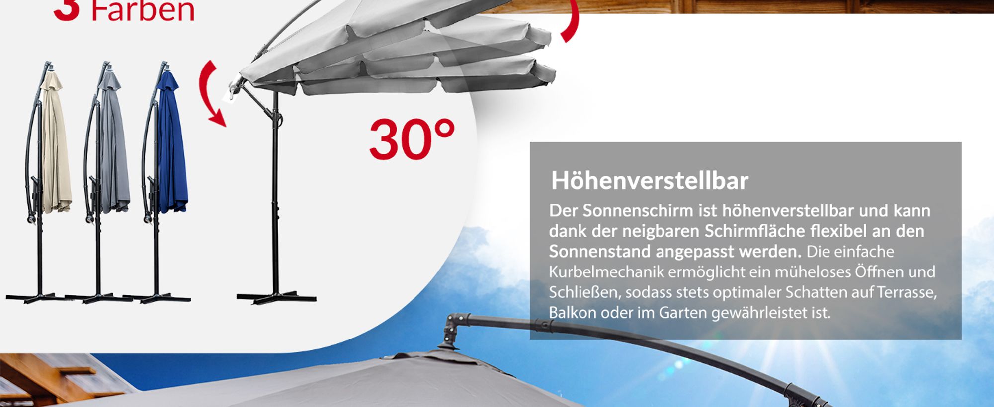 Lehmann Sonnenschirmmit Ø 300 cm mit ständer, UV-Schutz, Wasserdicht (Graphit)