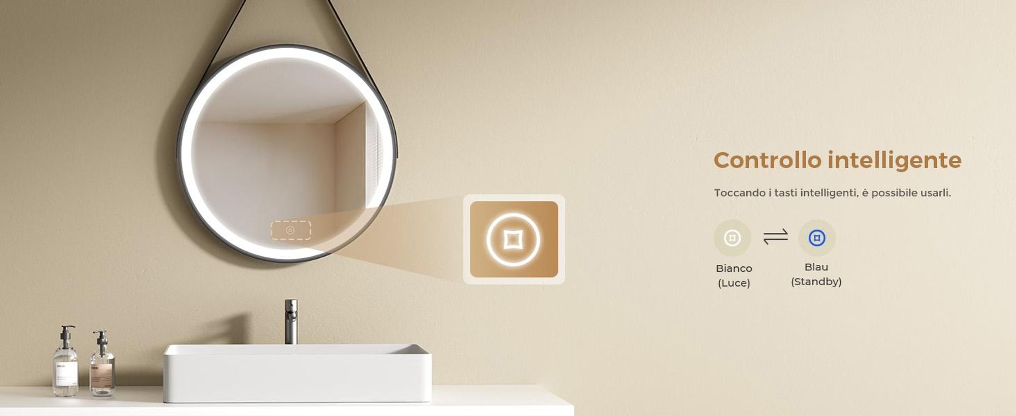 S'AFIELINA Specchio da bagno da 60 cm con illuminazione Specchio da bagno rotondo a LED con luce bianca fredda e tattile Cornice nera Cintura in pelle regolabile