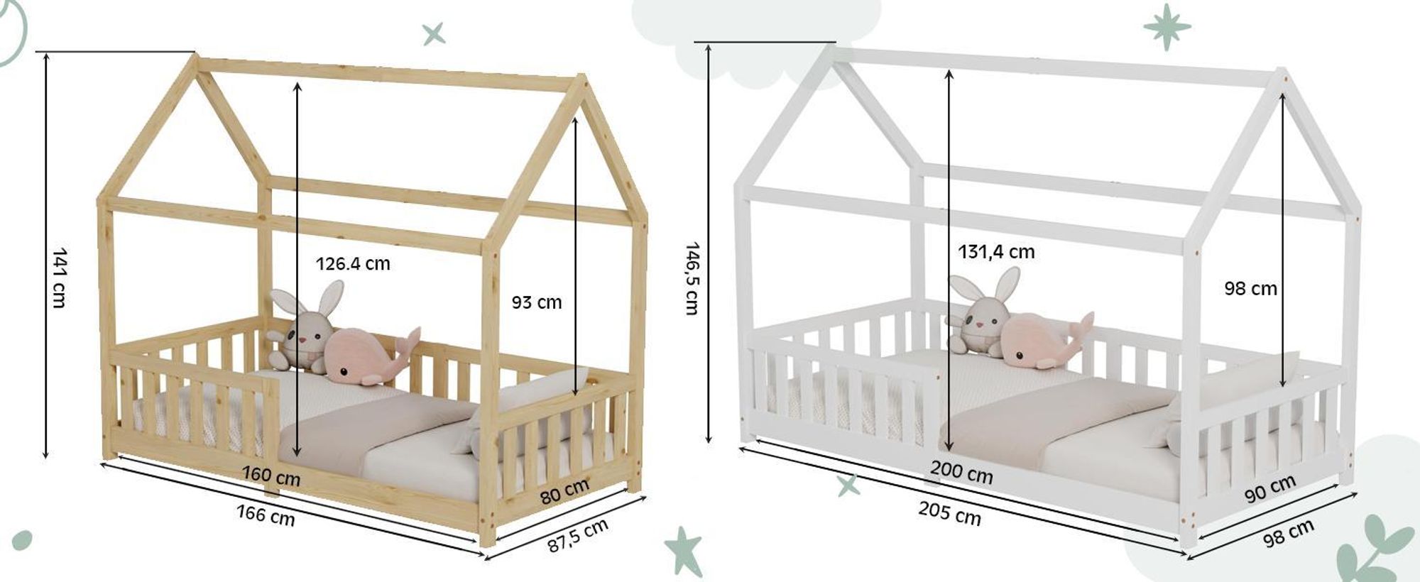 Lettino per bambini 80x160 cm con protezione anticaduta e rete a doghe, letto matrimoniale - Lettino per bambini - naturale