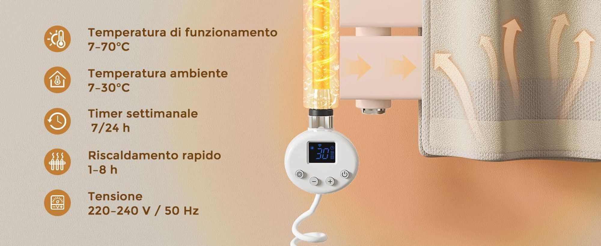 S'AFIELINA riscaldatore a immersione con termostato 900W, timer programmabile e display LCD, WiFi, per radiatori bagno, acciaio inox, controllo intelligente, bianco