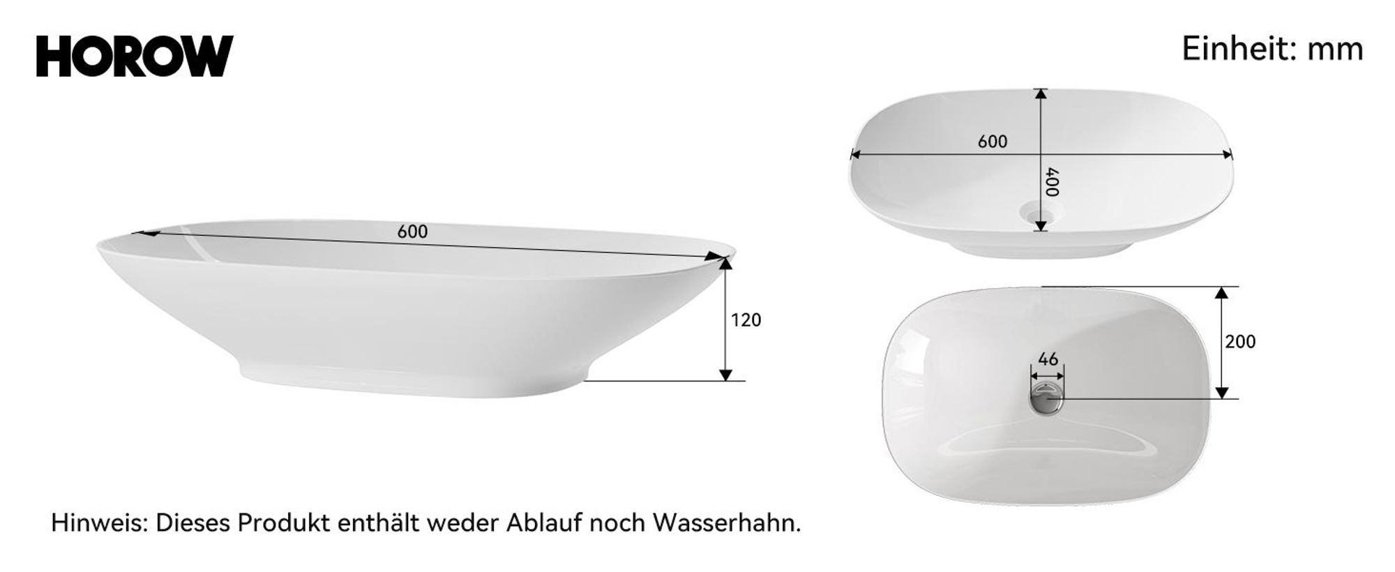 HOROW 60 x 40 cm Waschbecken Keramik Aufsatzwaschbecken Oval, 5mm Dünnrand, Modern Weiß Waschschale für Badezimmer Gäste-WC