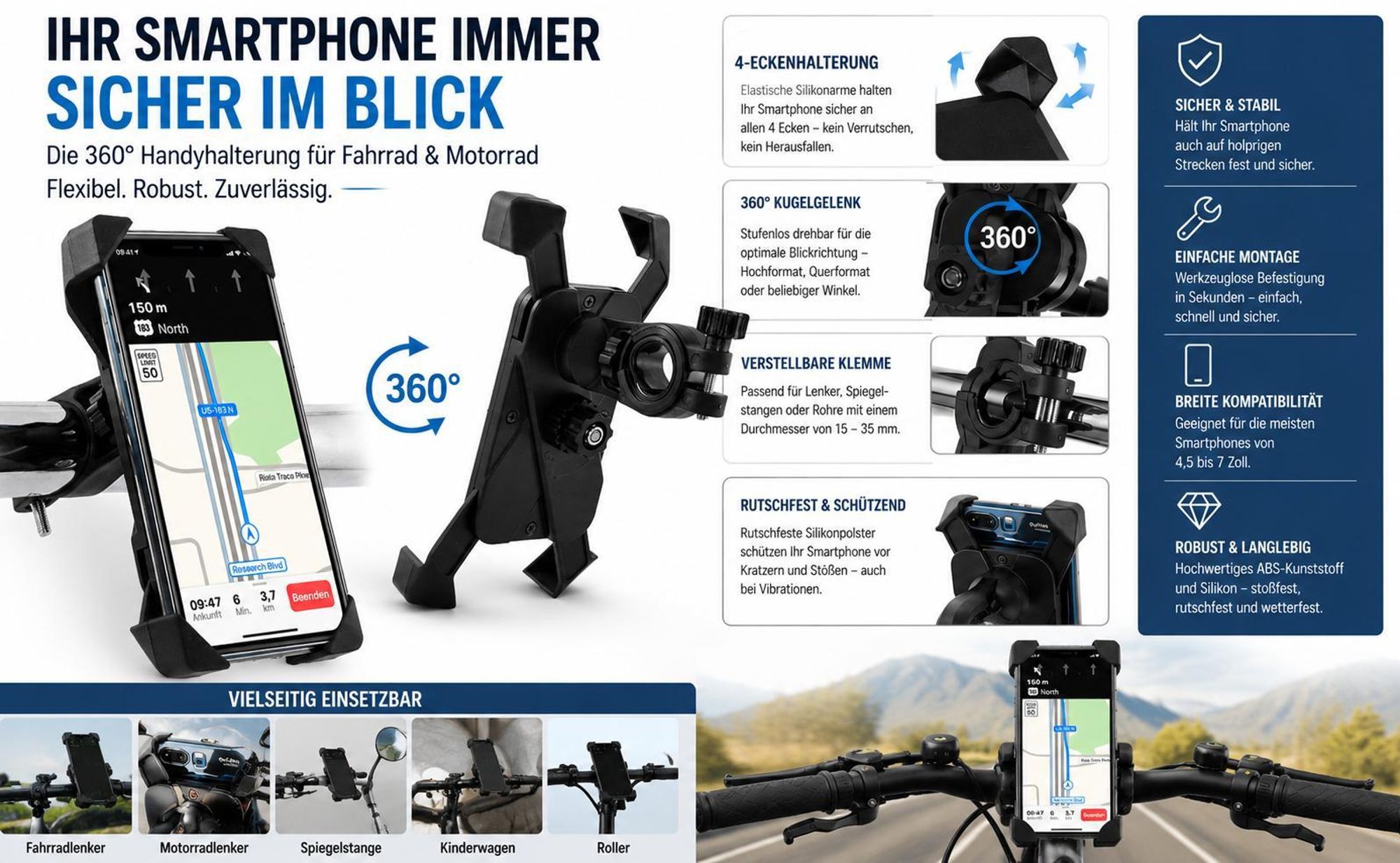 Fahrrad Halterung für Xiaomi 17 17T 15 15T 15C 14T 14c 14 13 13T 13c A3 A4 A5 Redmi Note Pro Ultra 4 Ecken Handyhalterung Lenker Halter 360° drehbar