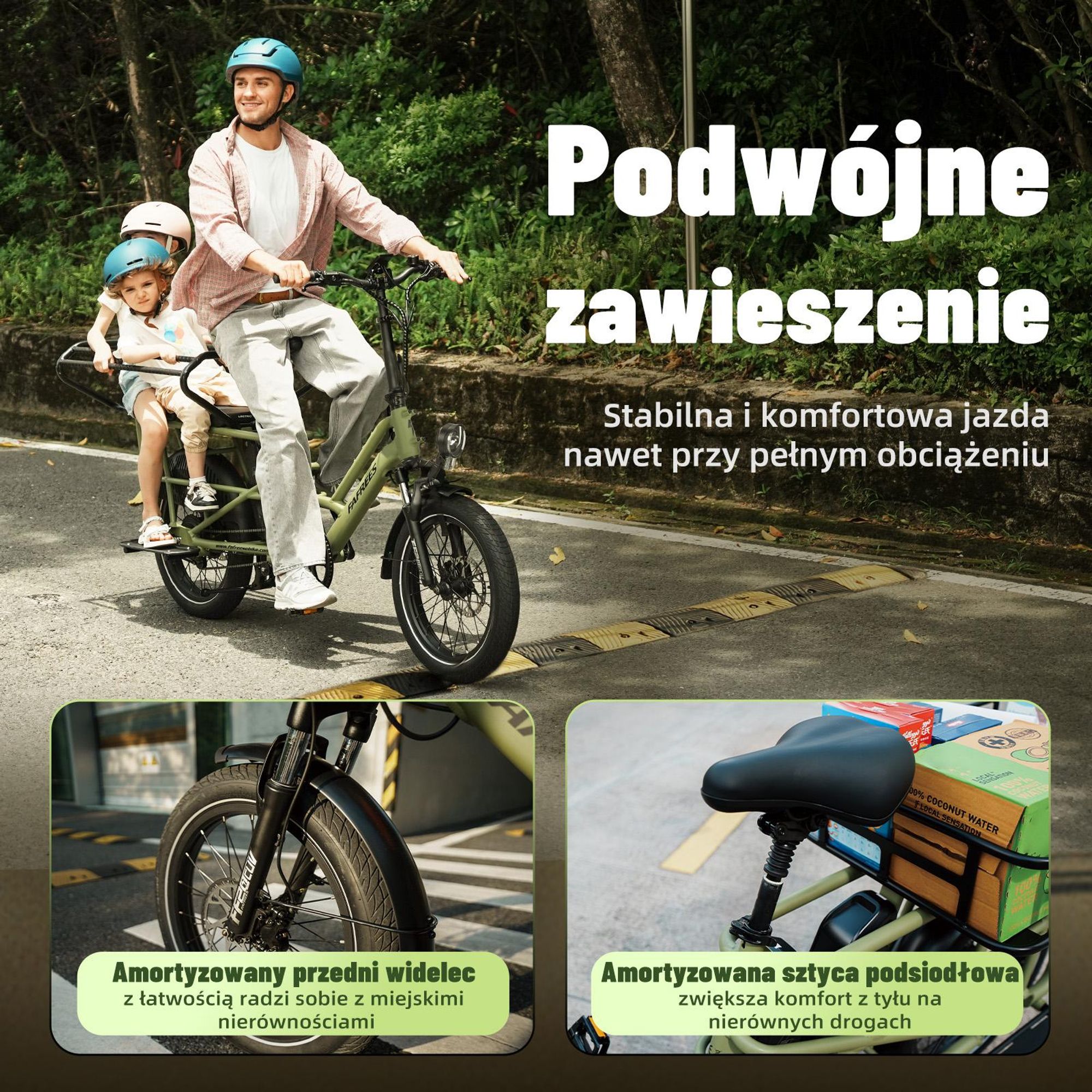 Podwójny fotelik FAFREES FF20 CUV do e-rowera 24AH, 0-12 lat, obciążenie 100kg rama stal antykorozyjna-czarna