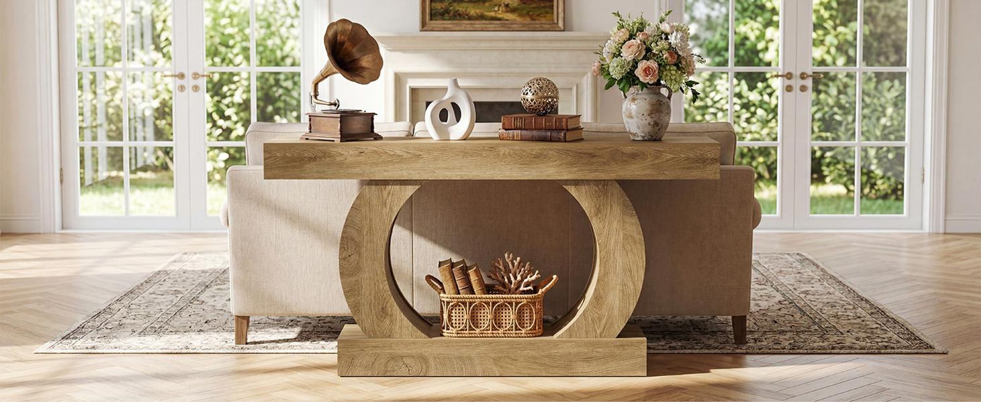 Tribesigns Konsolentisch 150 cm, schmaler Flurtisch mit runder offener Basis und Zwei Ablageflächen, Landhausstil, Eichen-Optik, Hellbraun