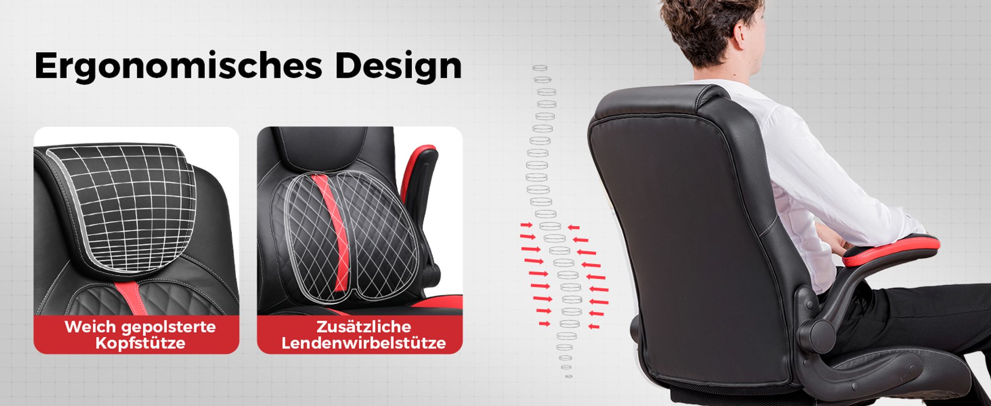 GTPLAYER Gaming Stuhl mit hochklappbarer Armlehne, Gamer Stuhl mit Schaukelfunktion, Ergonomischer Computer Gaming Stuhl mit hochdichtem Schwamm rot