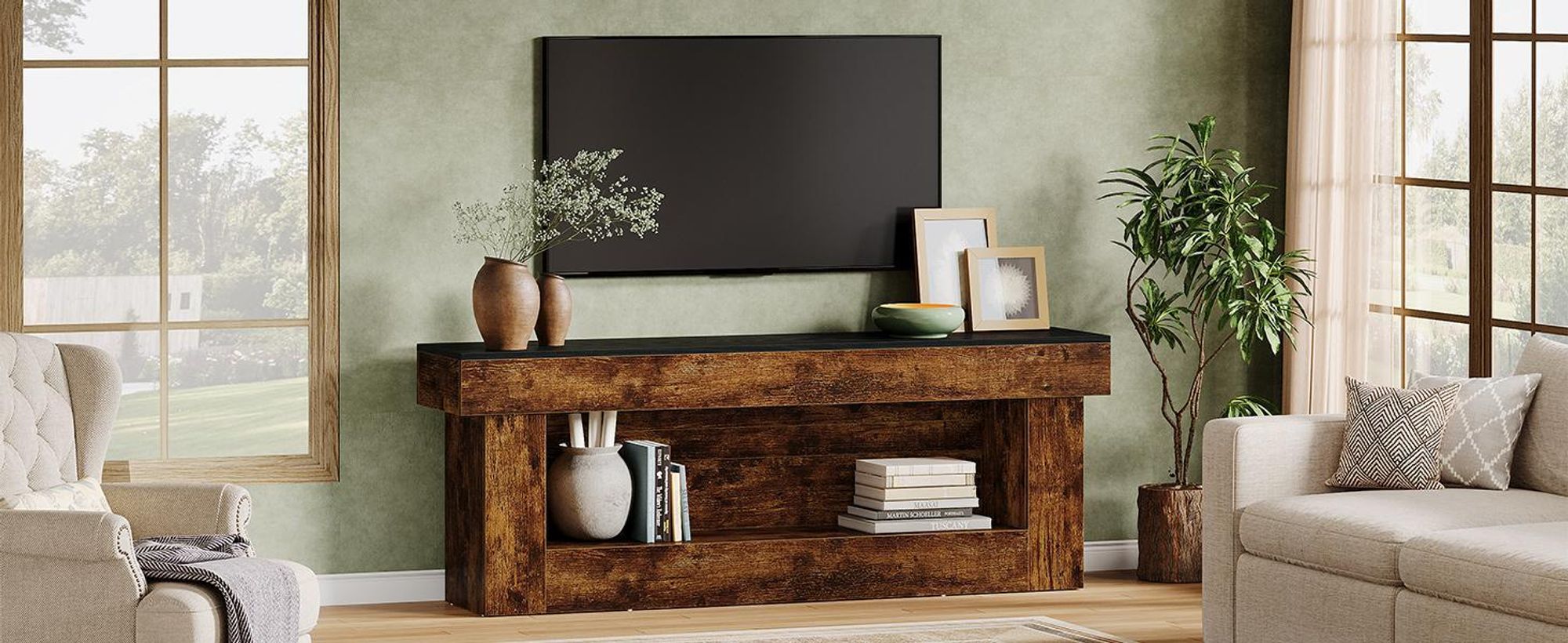 Tribesigns, stojak na telewizor o wysokości 160 cm z miejscem do przechowywania, szafka RTV przeznaczona do telewizorów o przekątnej 160-180 cm, rustykalna konsola pod telewizor z otwartymi półkami, idealna do sypialni