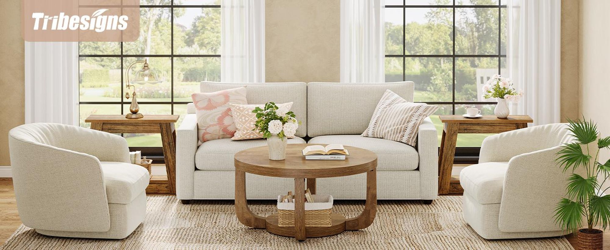 Tribesigns runder Couchtisch, 2-stufiger runder Couchtisch mit Stauraum, moderner Akzenttisch aus Holz, dicke Tischplatte und Gestell, rustikale Eiche