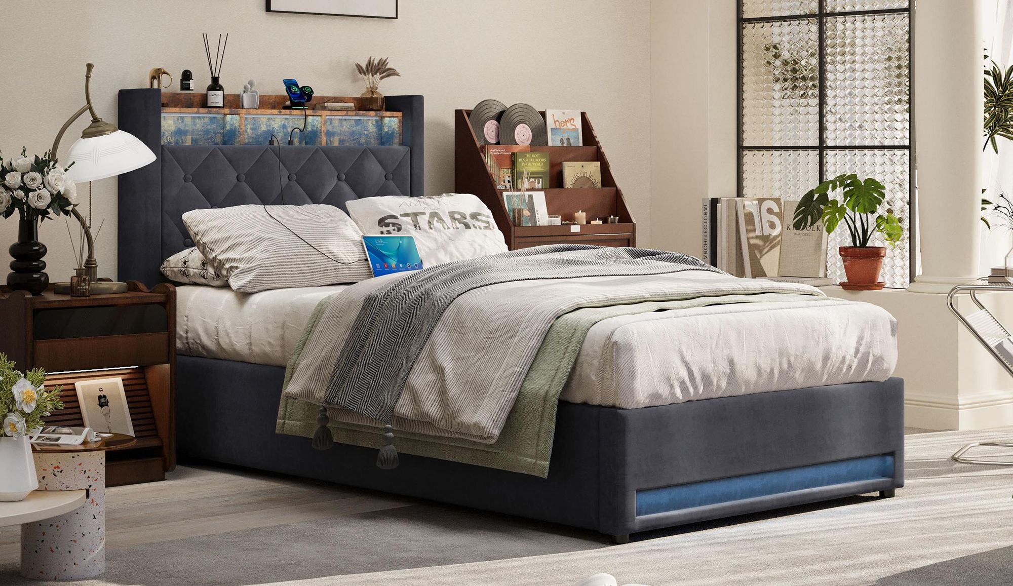MODFU Boxspringbett 90×200 mit bettkasten,Polsterbett mit Stauraum,Funktionsbett mit USB-Anschluss & LED-Licht,Sicheres Design mit gepolsterten Kanten