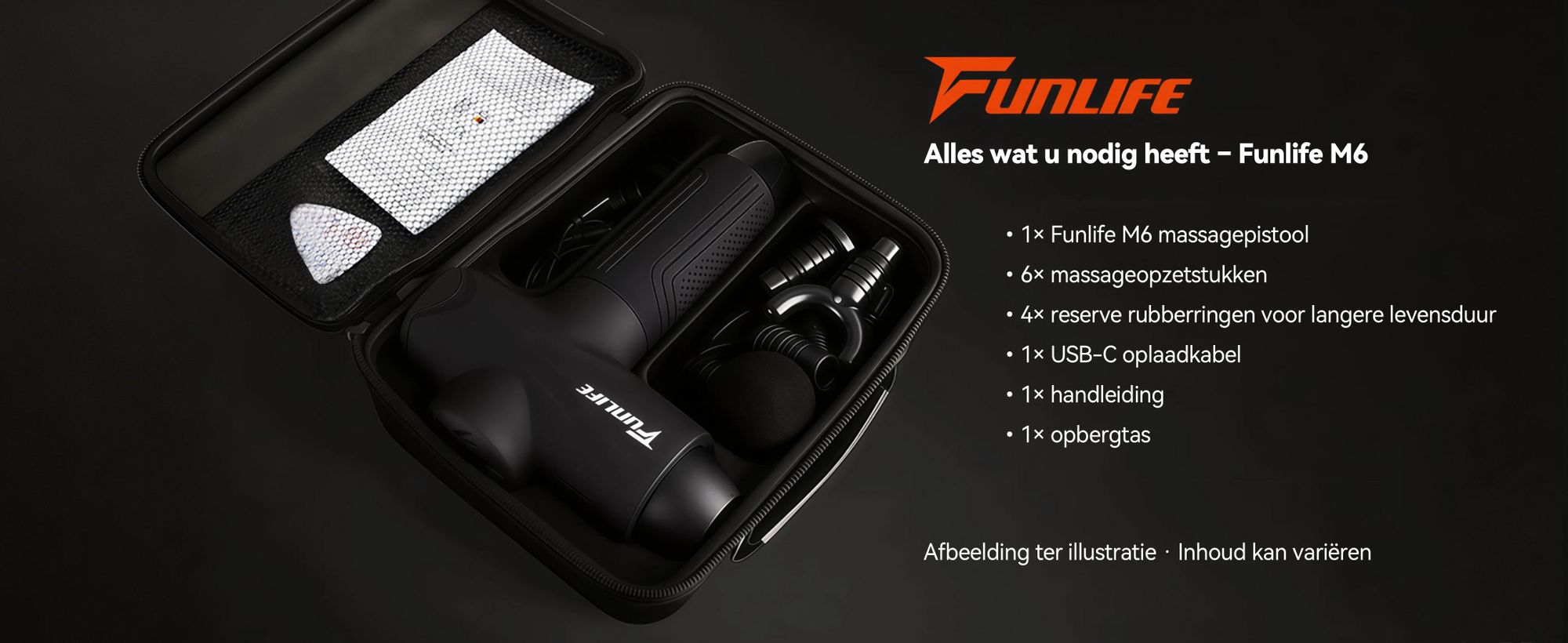 FunLife M6 massagepistool & fasciepistool – 12 mm amplitude, 3200 omwentelingen per minuut, 10 standen, 6 massagekoppen, USB-C, stille werking <45 dB