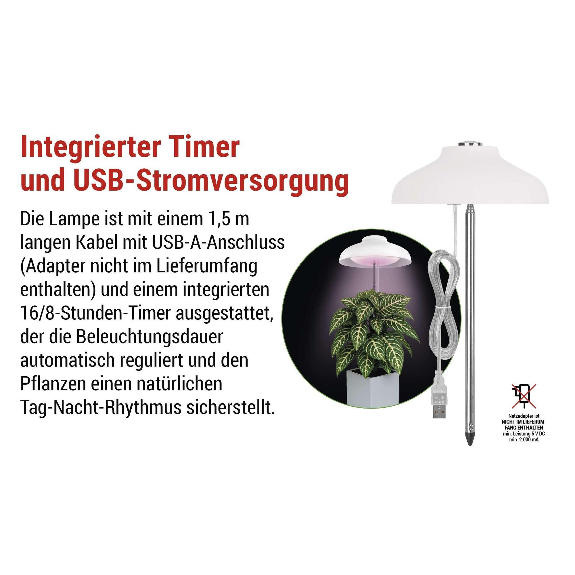 EMOS LED-Grow-Lampe für Zimmerpflanzen und Sukkulenten, Wachstumslampe in Schirm-Design mit Timer, höhenverstellbar, 235lm, 1,5m USB-Kabel, Z7901