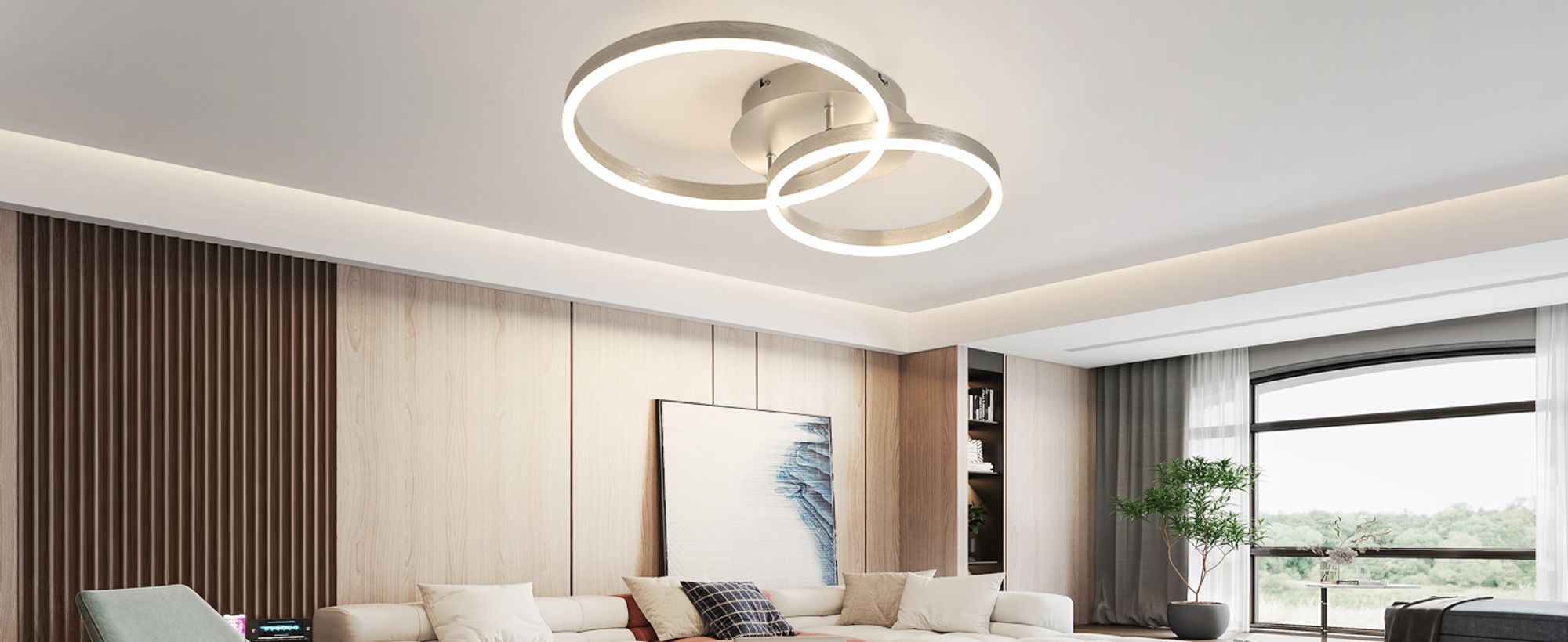 ZMH LED Deckenleuchte 46W Dimmbar Wohnzimmer 59CM Deckenlampe mit Fernbedienung 2 Ring Silber Deckenbeleuchtung Schlafzimmerlampe für Wohnzimmer flur