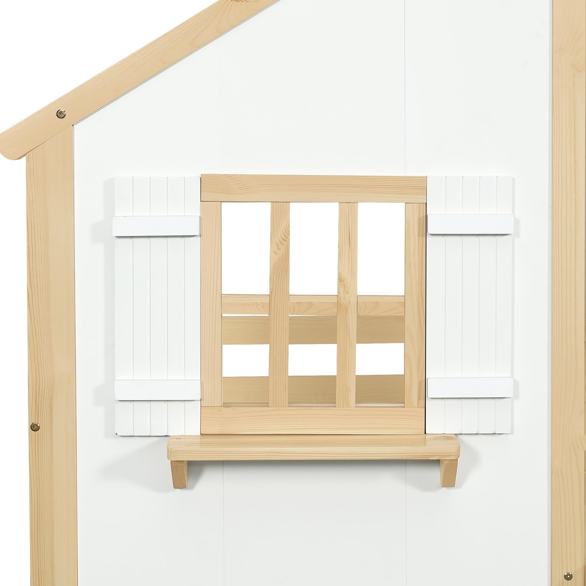Flieks Etagenbett 90x200cm mit Leiter, Kinderbett Hausbett mit Fenster, Hochbett Stockbett Einzelbett mit Rausfallschutz und Lattenrost, Naturbelassen