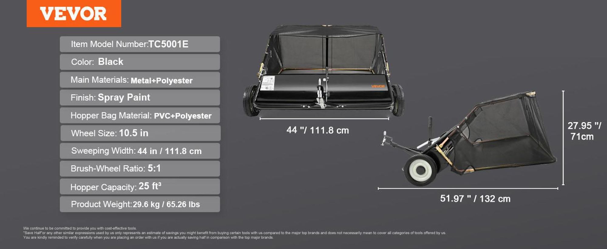 VEVOR 42-Zoll Rasenkehrmaschine zum Hinterziehen, 12 cu.ft. Große Anhängbare Graskehrmaschine, Robuster Laub- und Grasauffänger mit Entleerungsseil-Design, Einstellbare Kehrhöhe zum Aufnehmen von Abfällen und Gras, 132x111.8x71 cm