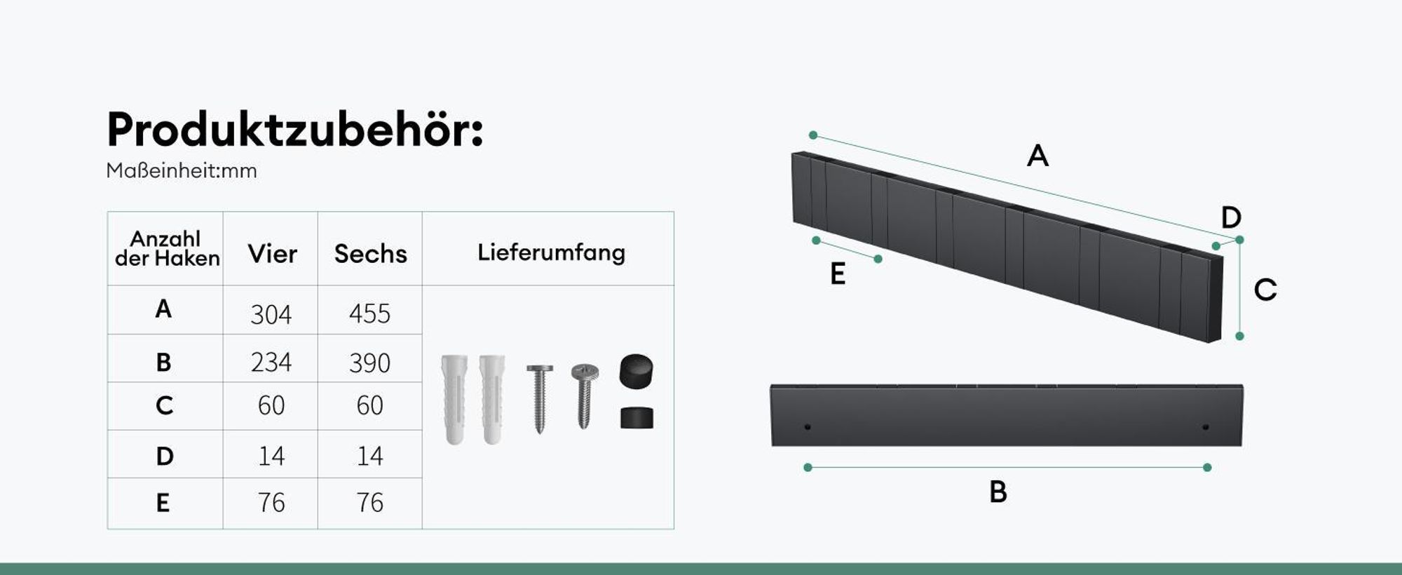 Mai & Mai Wandgarderobe Wandhaken aus Aluminium Garderobe mit 6 klappbaren Haken Garderobenleiste Garderobenhaken Kleiderhaken 44,5cm Schwarz
