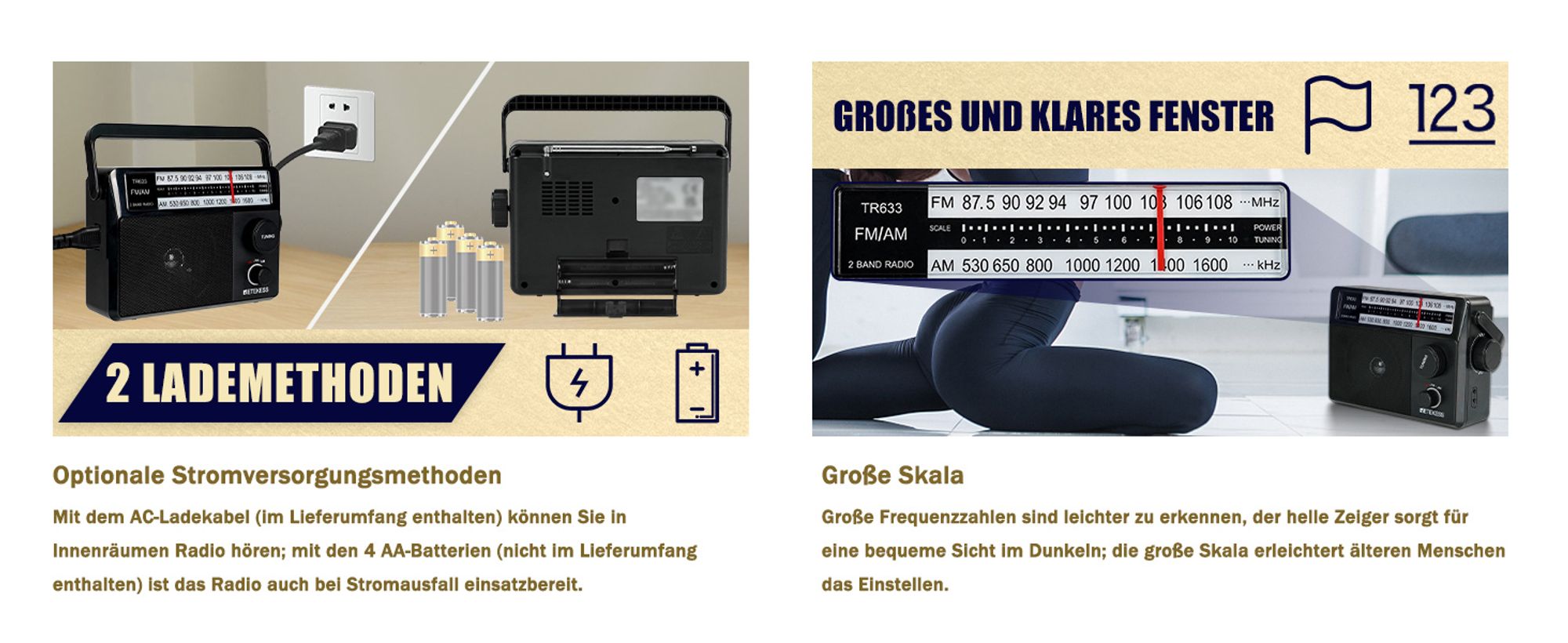 Retekess TR633 Tragbares Radio, Kofferradio mit AM FM, Netze und Batterie, Kopfhörerbuchse, Großer Lautsprecher, Geschenke für ältere Menschen