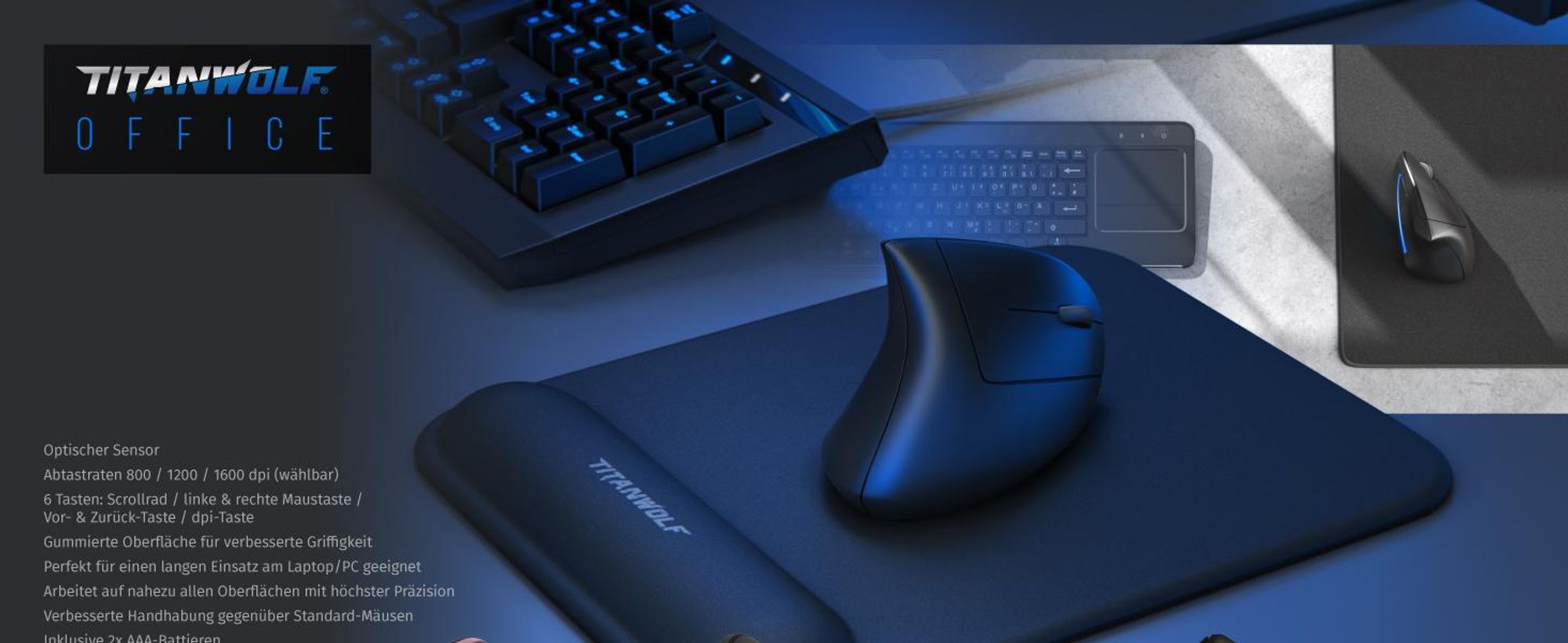 TITANWOLF - Maus Vertikal Wireless - ergonomische Funk Vertikalmaus 2,4 Ghz - USB Vertical Mouse – Funkmaus ergonomisches Design - armschonend - kompatibel mit PC und MAC