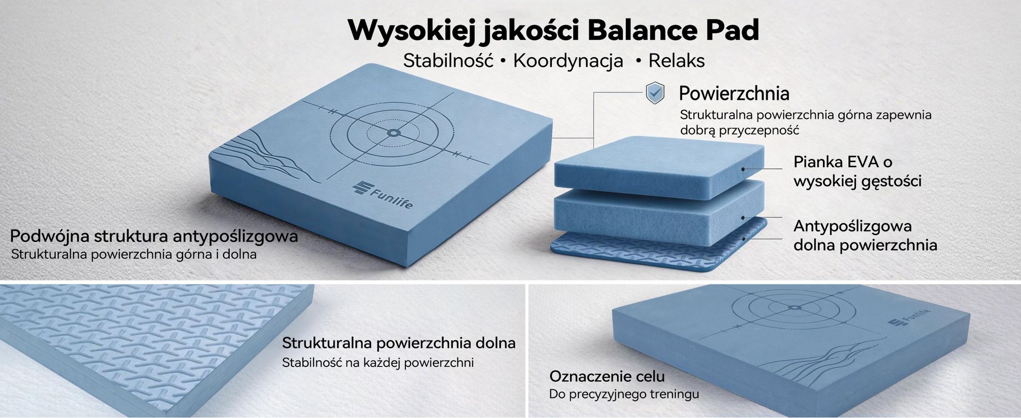 FunLife Balance Pad 40x40x5 cm – poduszka do ćwiczeń równowagi, idealna do treningu mięśni głębokich, koordynacji, równowagi i jogi, wytrzymałość do 150 kg